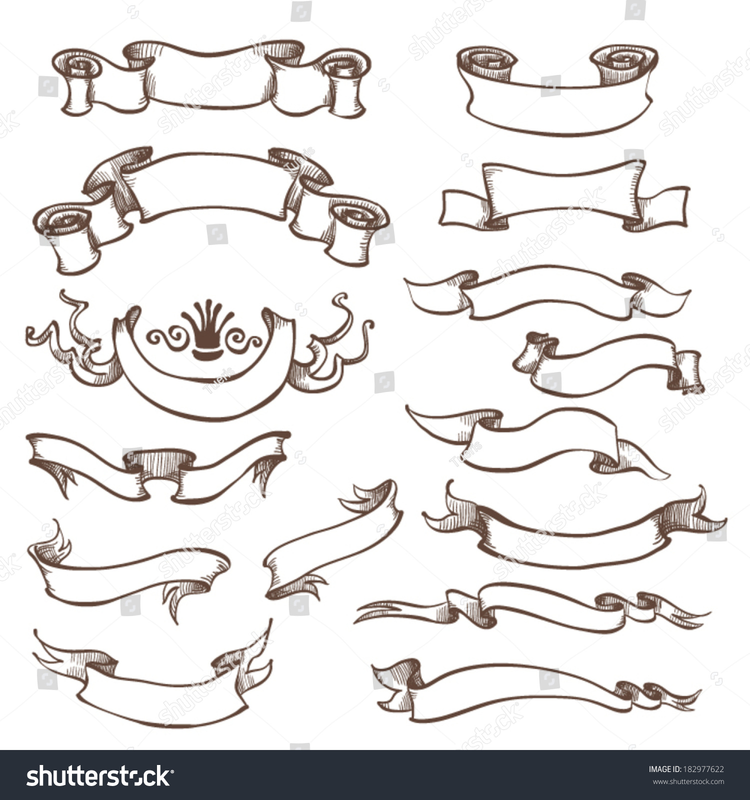 Vintage Ribbon Bow Banners, Hand Drawn Set Stock Vector Illustration ...