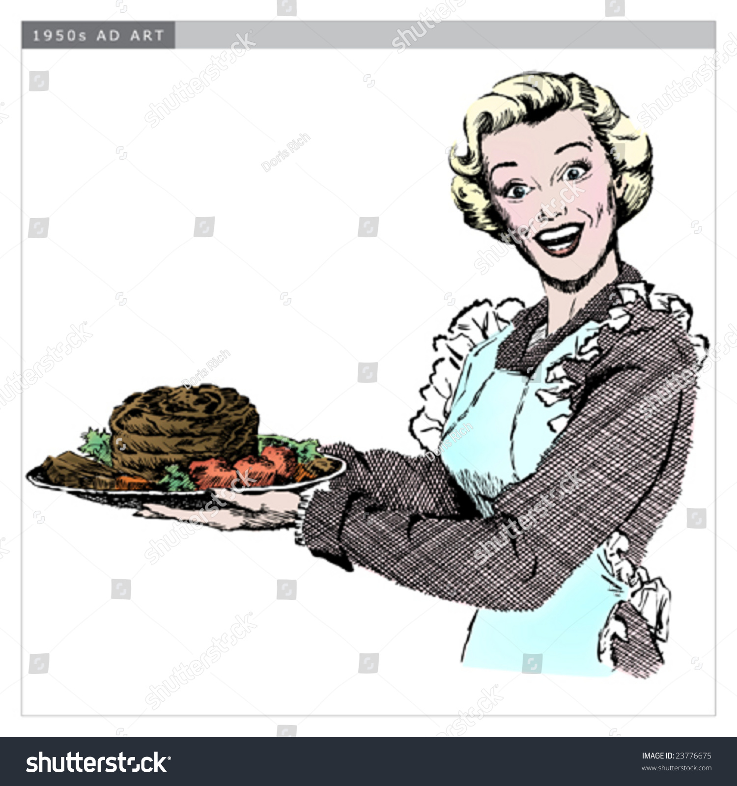 SVG of Vintage 1950s Woman serving roast for dinner.  Detailed black and white from authentic hand-drawn scratchboard includes full colorization. svg