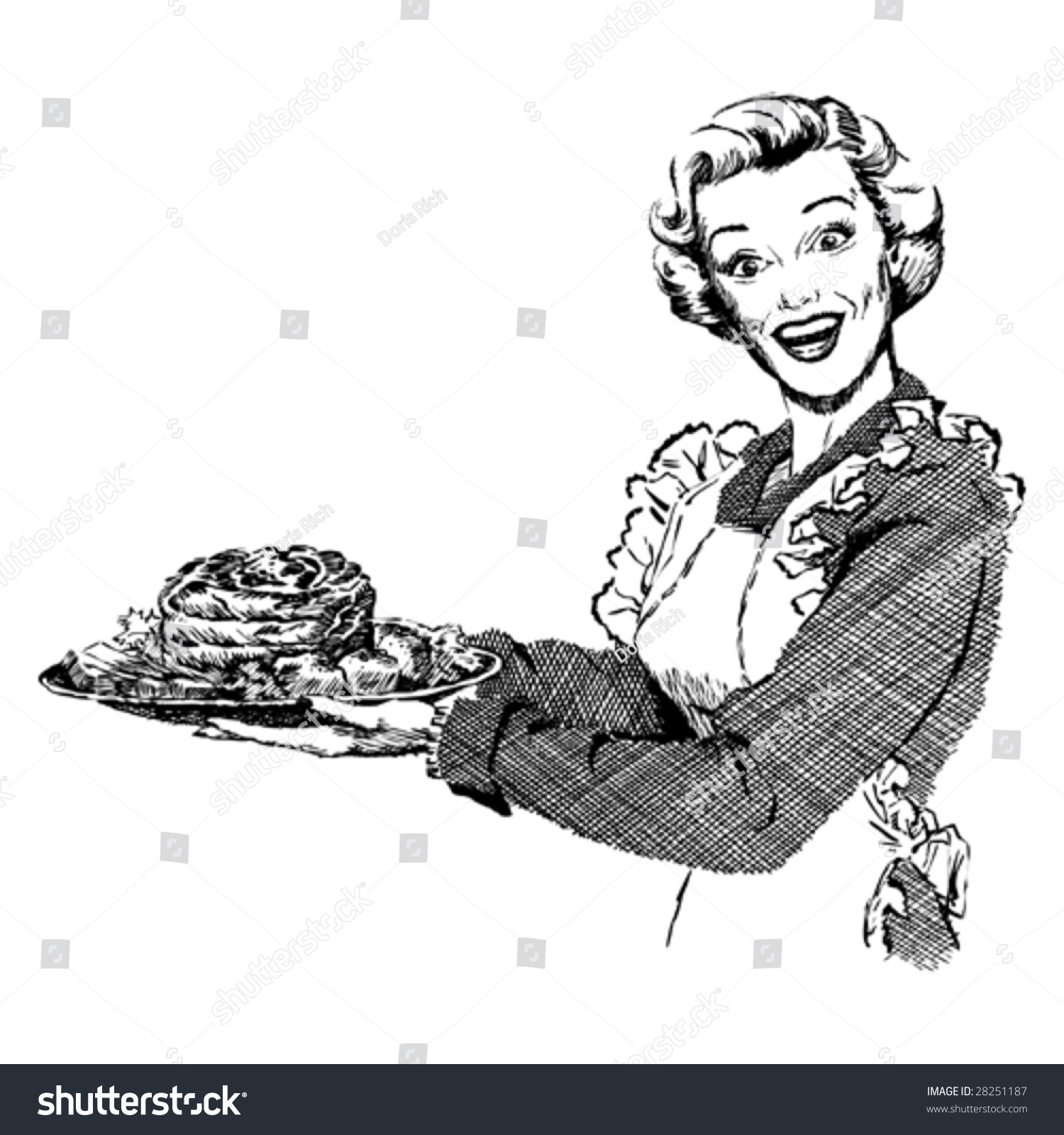 SVG of Vintage 1950s Woman serving roast for dinner.  Detailed black and white from authentic hand-drawn scratchboard. svg