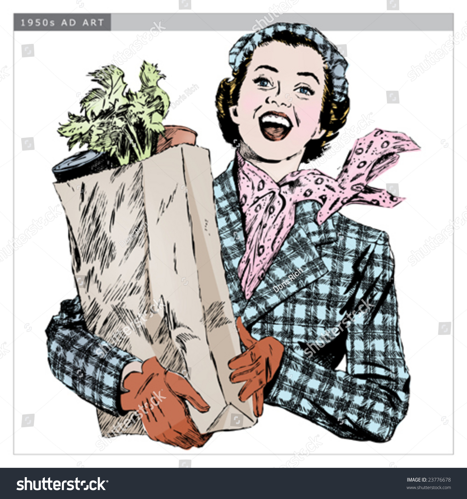 SVG of Vintage 1950s Woman with Groceries; Detailed black and white from authentic hand-drawn scratchboard includes full colorization. svg