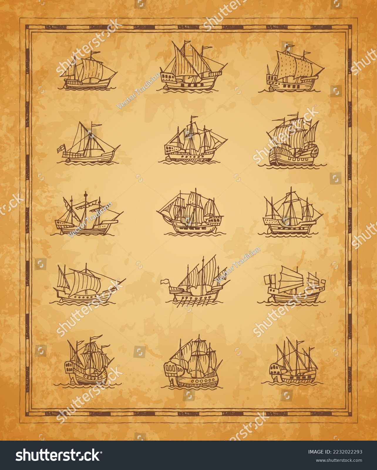 SVG of Vintage sail ships and sailboats. Old vessel sketch, ancient map or ocean geography parchment scroll paper background with hand drawn historic battleships and sailboats, buccaneer engraved frigates svg