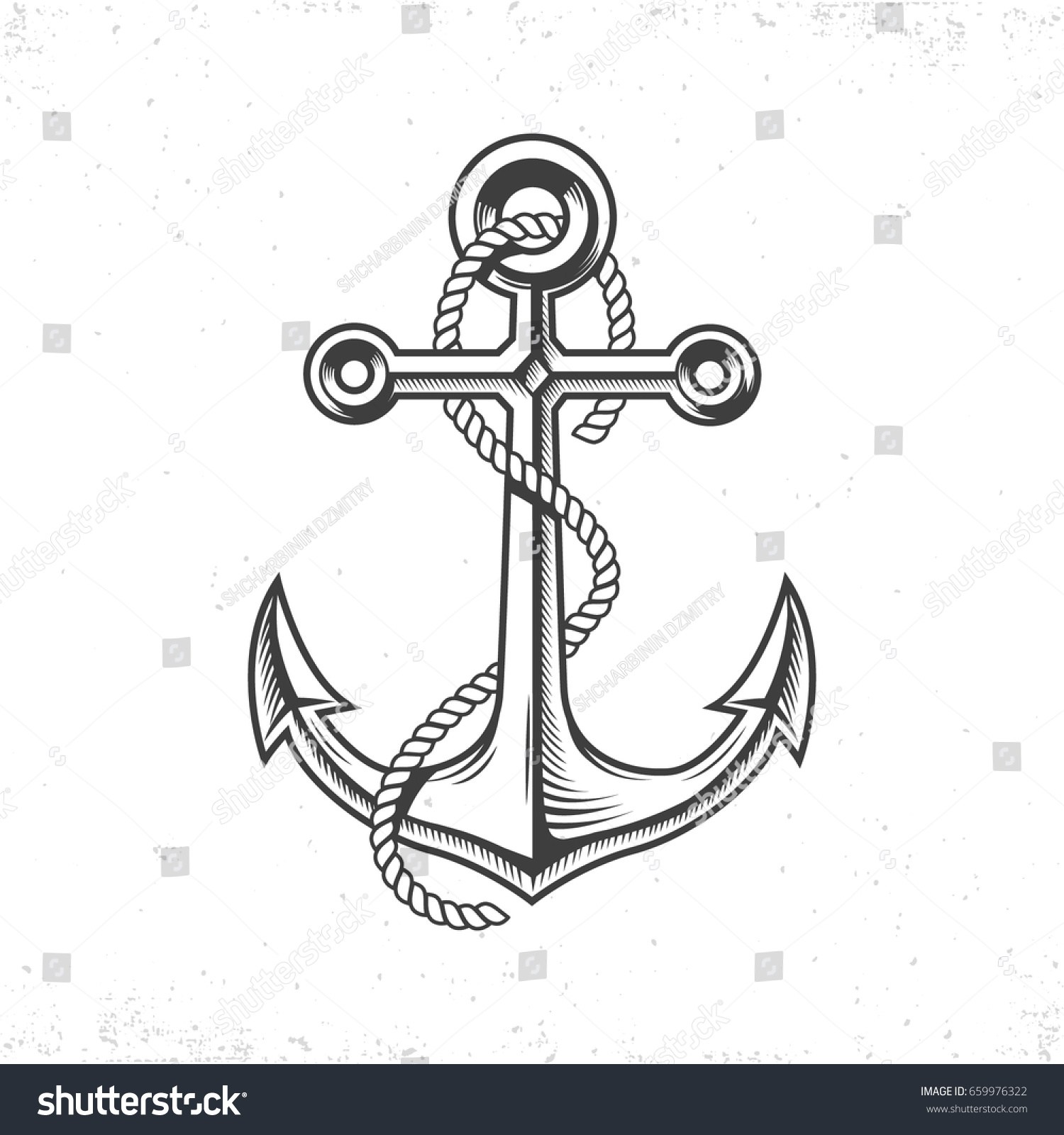 SVG of Vintage sea anchor with a rope, isolated on white background with grunge texture.Hand drawn in a graphic style svg