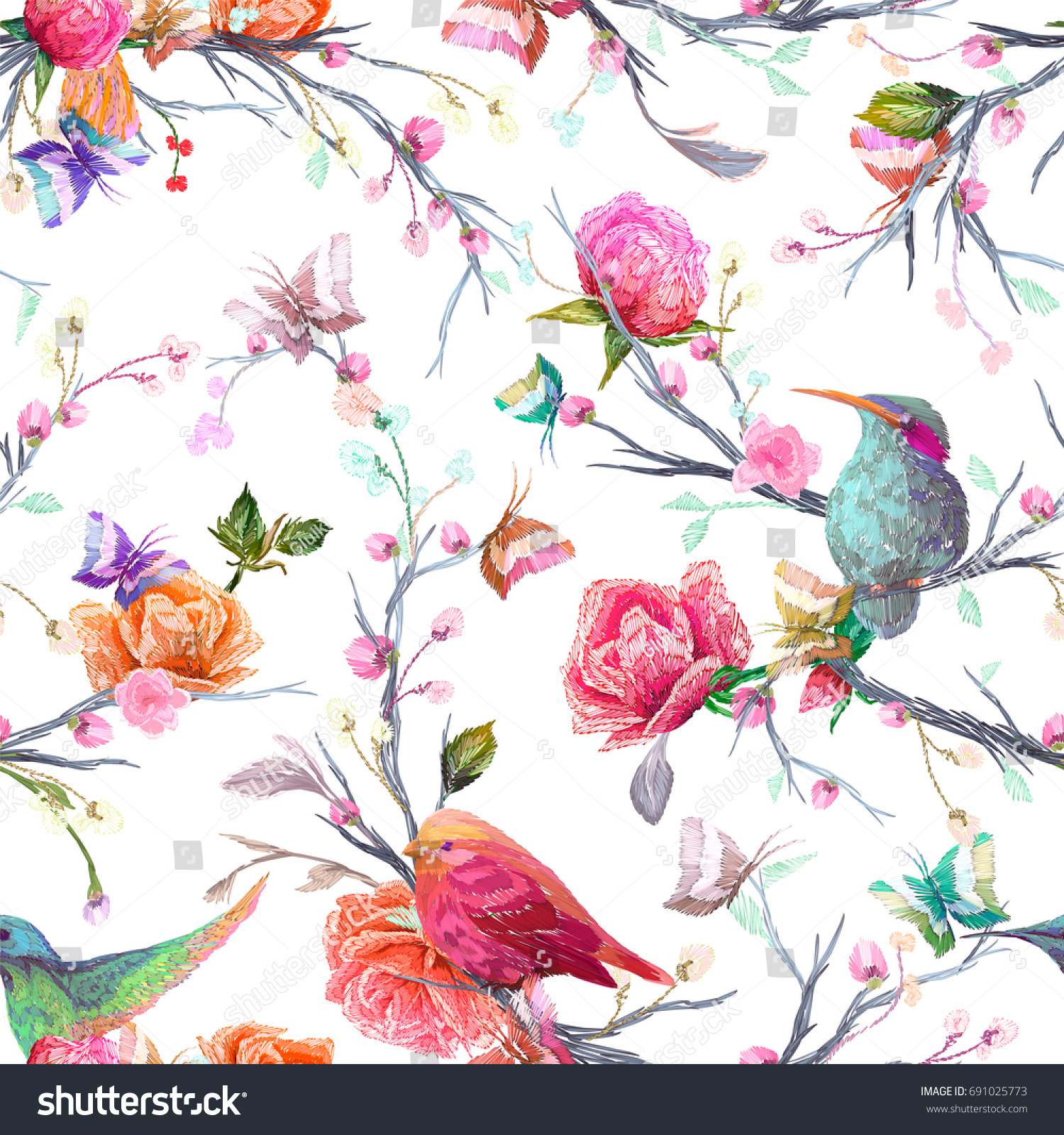 Vintage Seamless Pattern Bird Butterfly Flower Stock Vector (Royalty ...