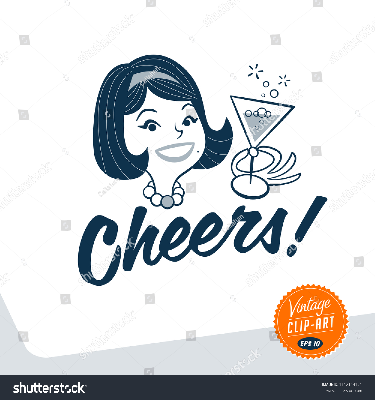 SVG of Vintage style clip art - Mid-century woman holding a glass of champagne and cheering up - Vector EPS10 svg