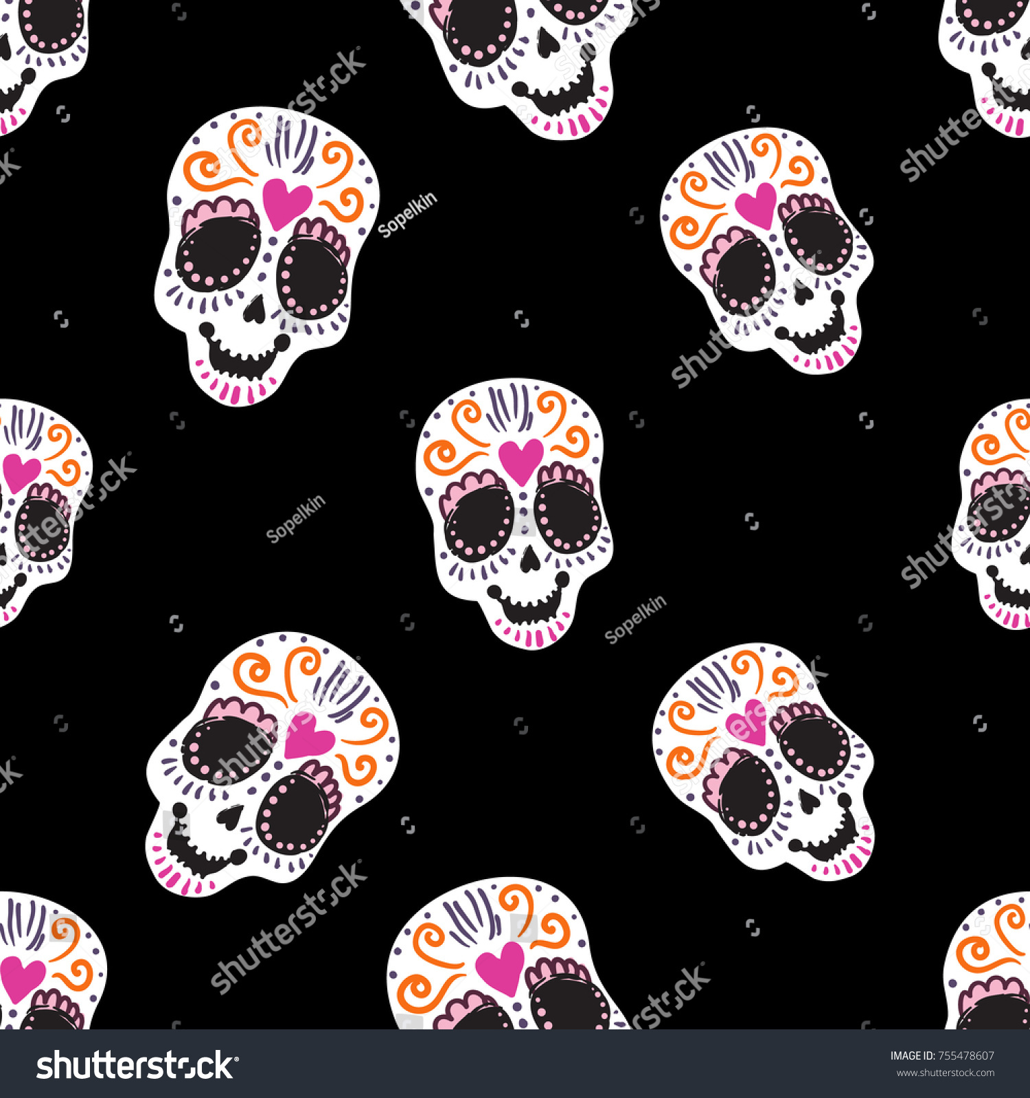 Vintage Sugar Skull Seamless Pattern Bright Stock Vector Royalty Free