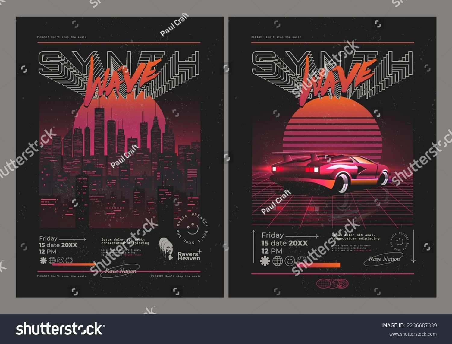 SVG of Vintage synthwave or retrowave styled party or music festival or concert flaers or posters design template with retro neon city and sport car on dark background. Vector illustration svg