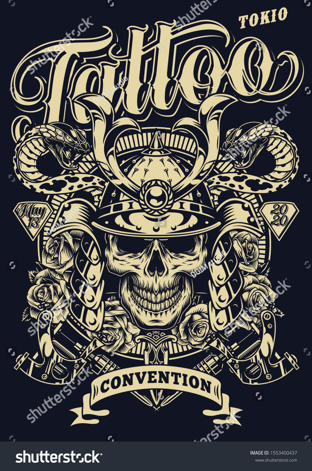 Vintage Tattoo Convention Tokio Template Skull Stock Vector Royalty Free