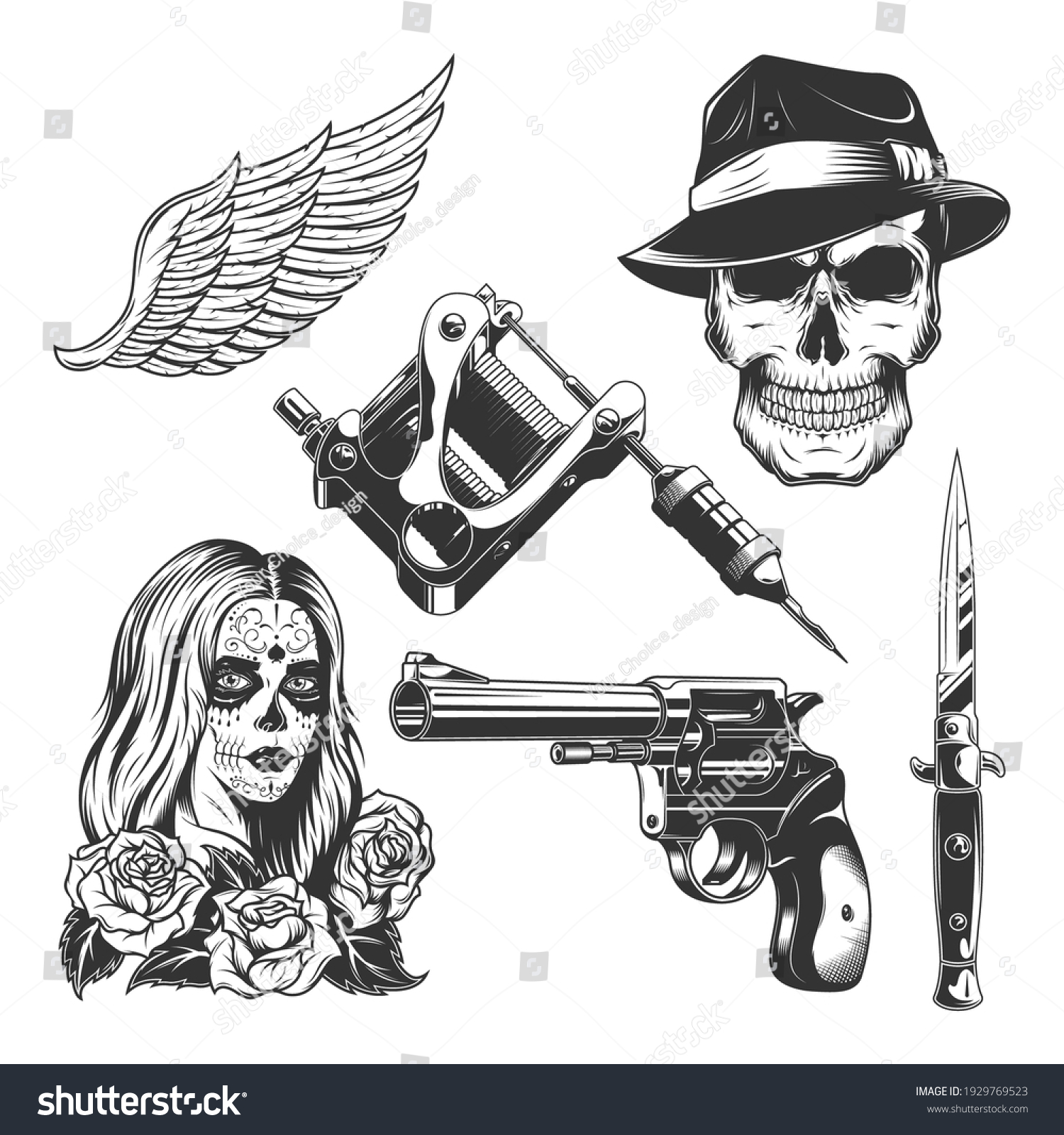 Vintage Tattoo Illustration Set Gangster Knife Stock Vector (Royalty ...