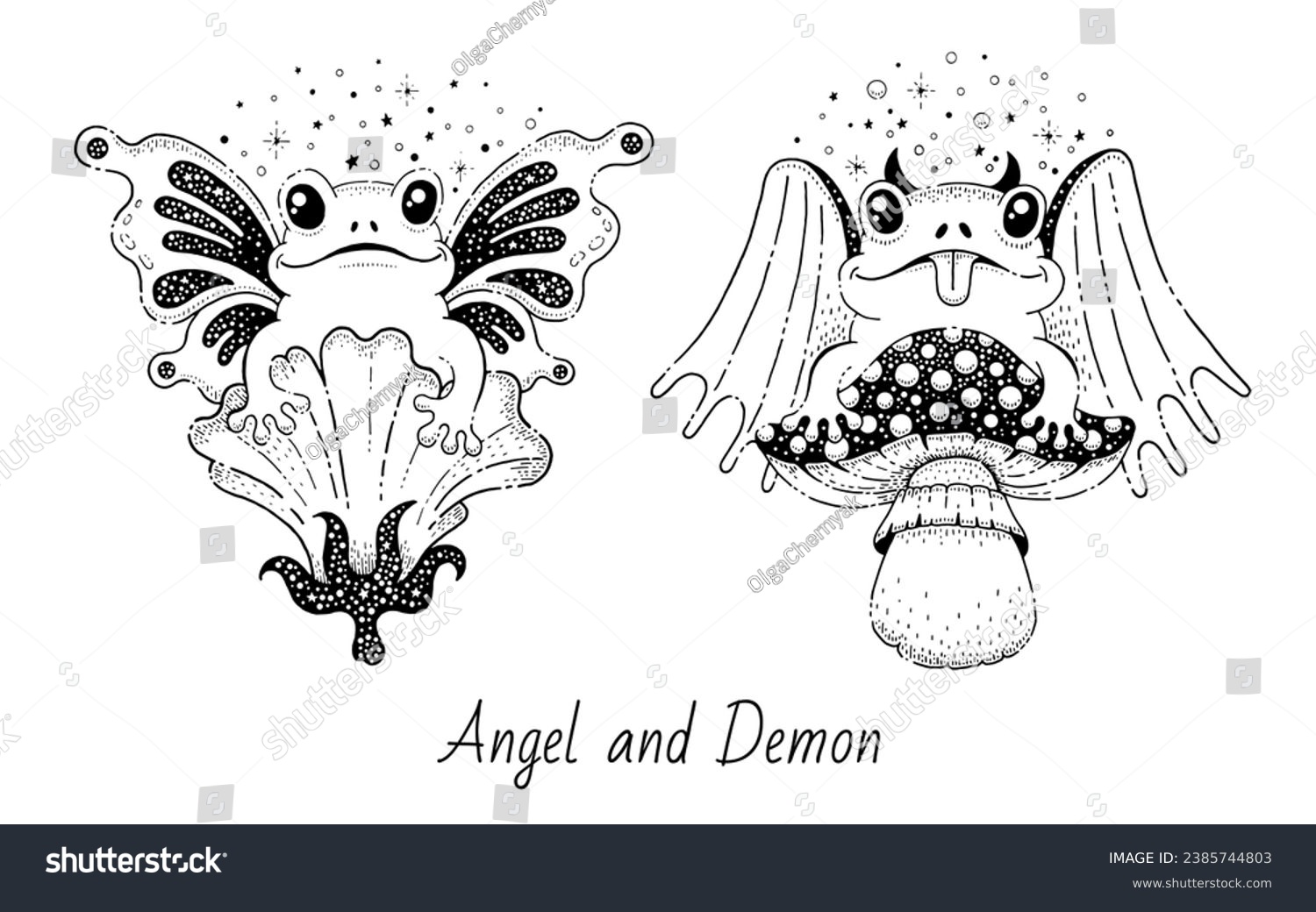 SVG of Vintage tattoo sketches with frogs as devil and angel sitting on flower and mushroom. Magic characters from hell and heaven. Concept of occult, witchcraft, mystic, vector hand drawn illustration svg