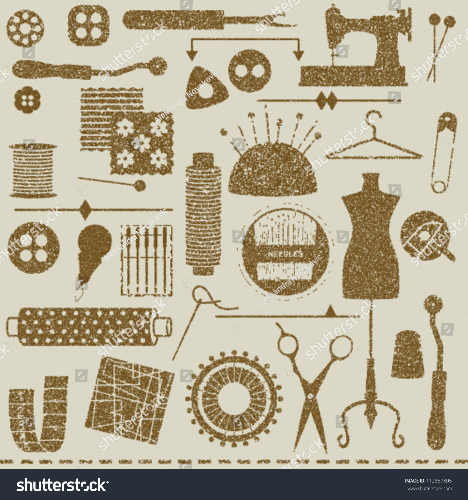Vintage Textured Sewing And Tailoring Symbols Stock Vector Illustration ...