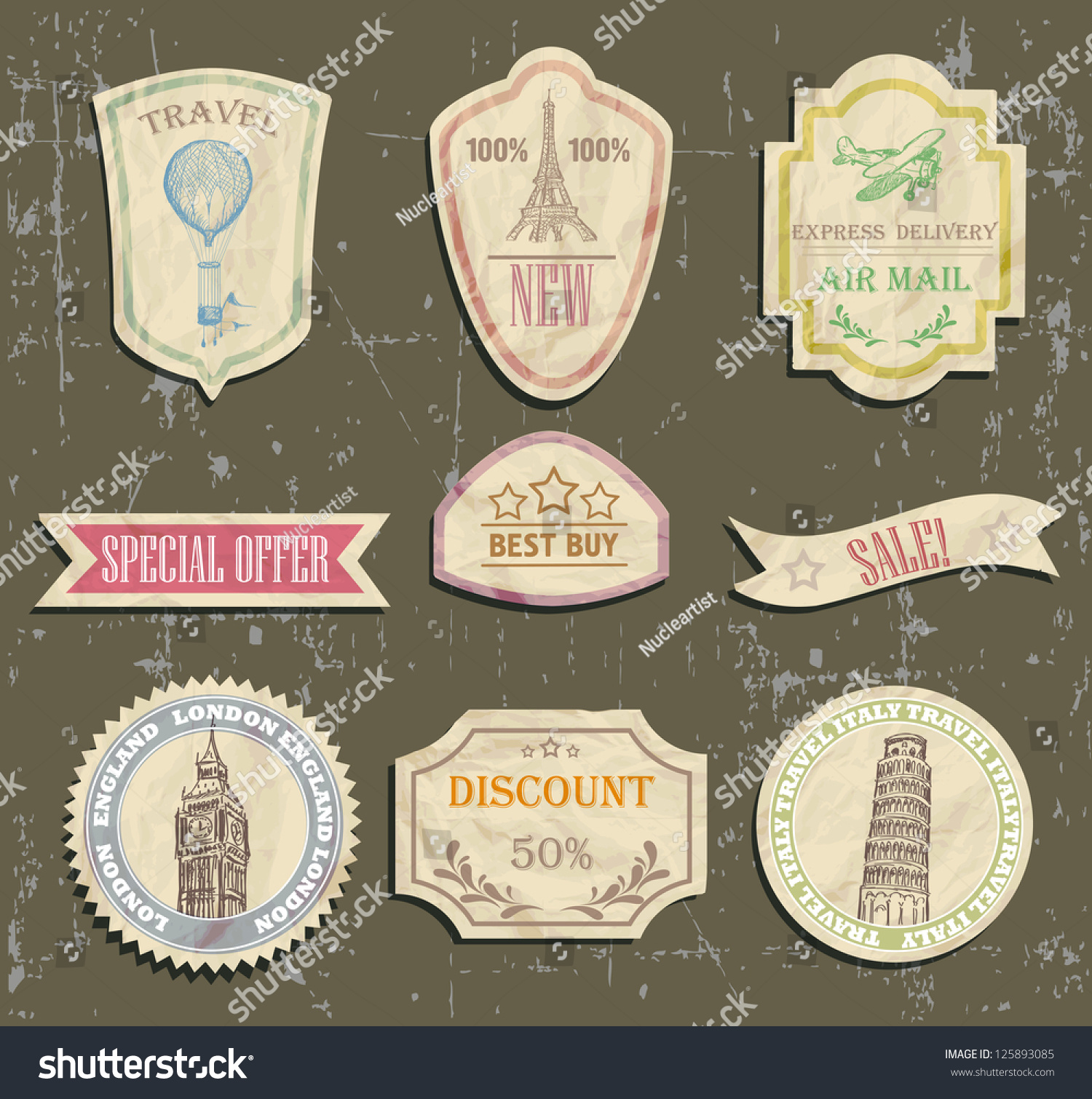 Vintage Travel Labels On Old Paper Stock Vector 125893085 - Shutterstock