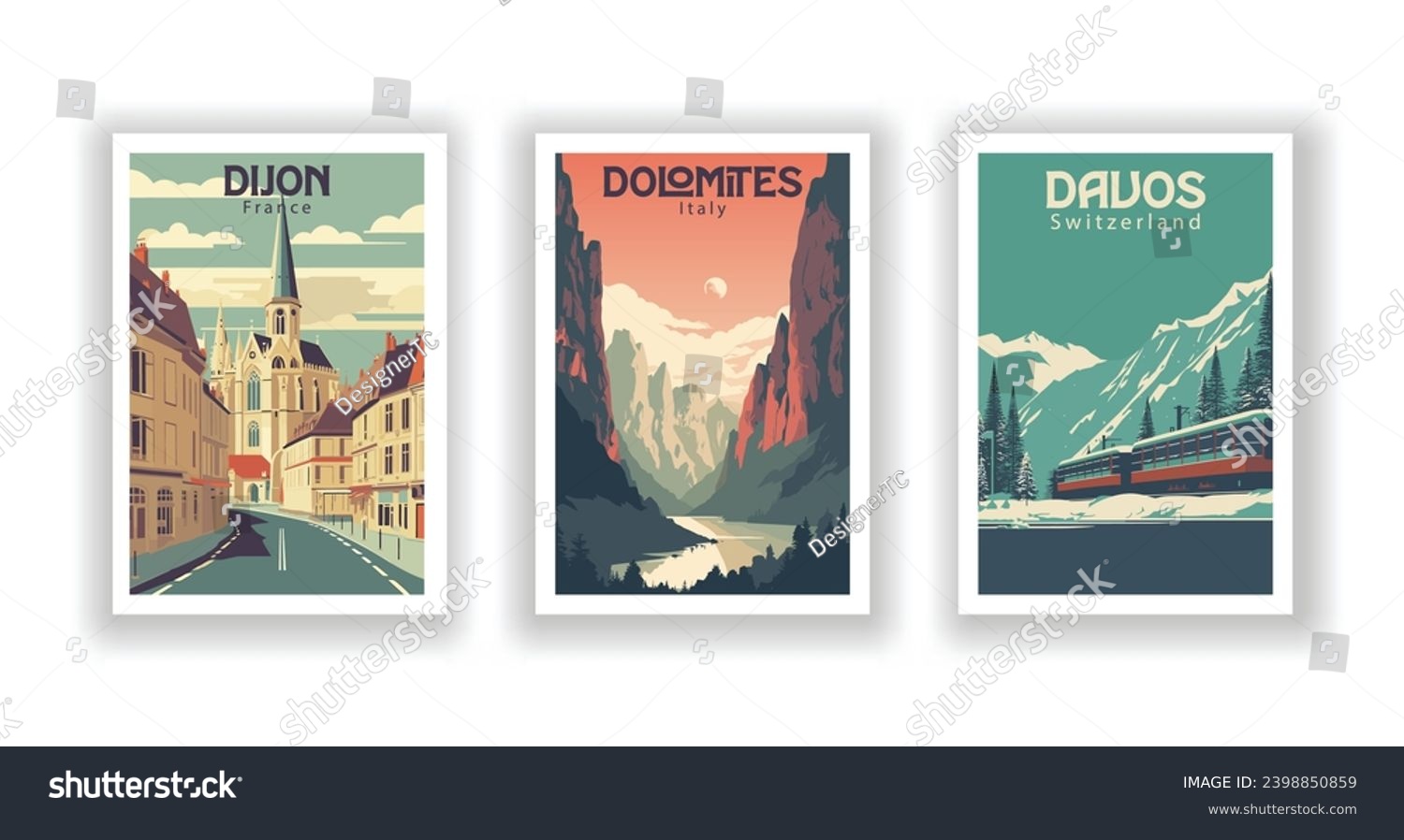 SVG of Vintage Travel Posters Set - Davos, Switzerland, Dijon, France, Dolomites, Italy svg