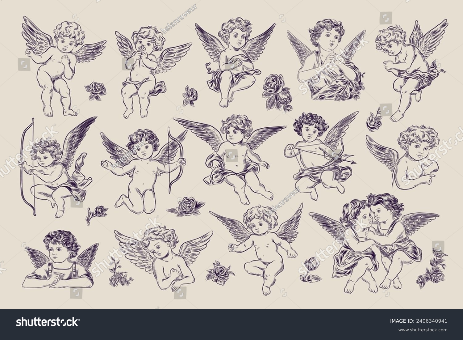SVG of Vintage Valentine's day cupids or little angels collection. Engraving style retro set svg