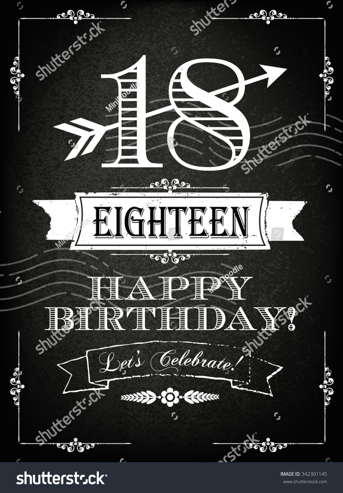 Vintage 18 years happy birthday card with grunge background and chalk designs vector illustration