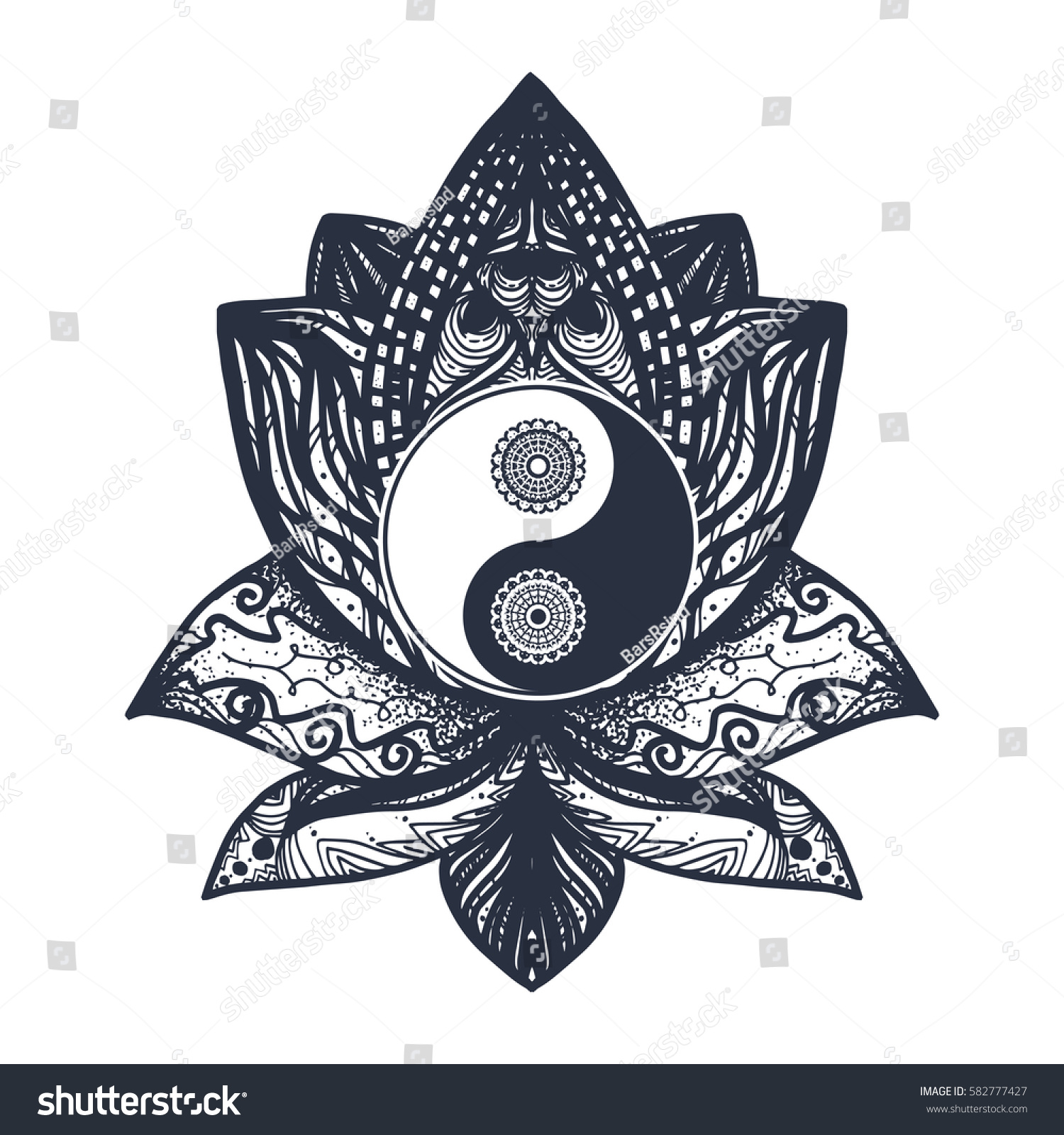 Vintage Yin and Yang in Mandala Lotus. Tao symbol for print, tattoo, coloring
