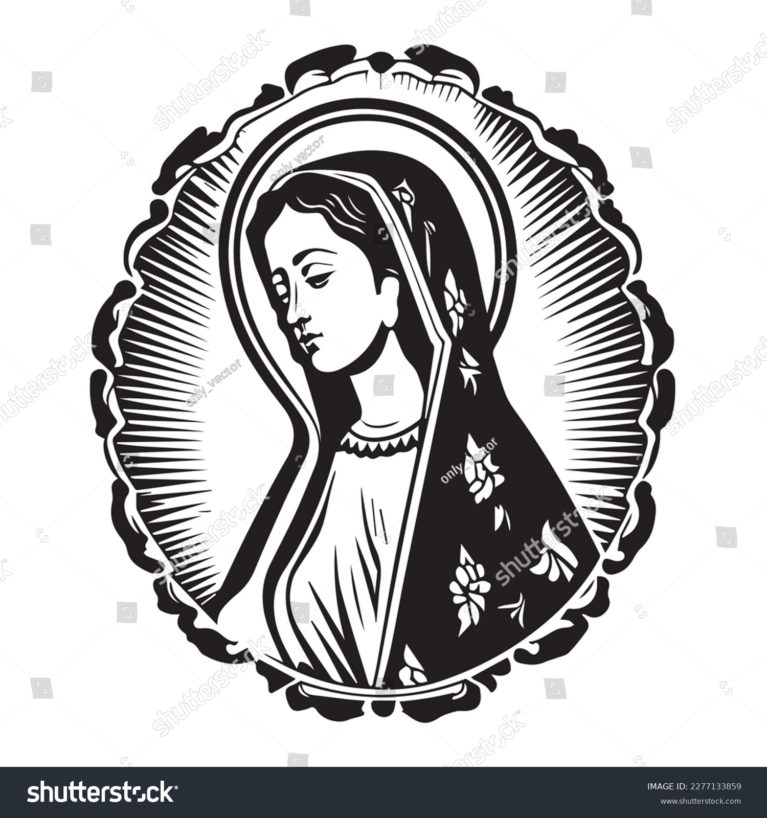 SVG of Virgin Mary, Our Lady. Hand drawn vector illustration. Black silhouette svg of Mary, laser cutting cnc. svg