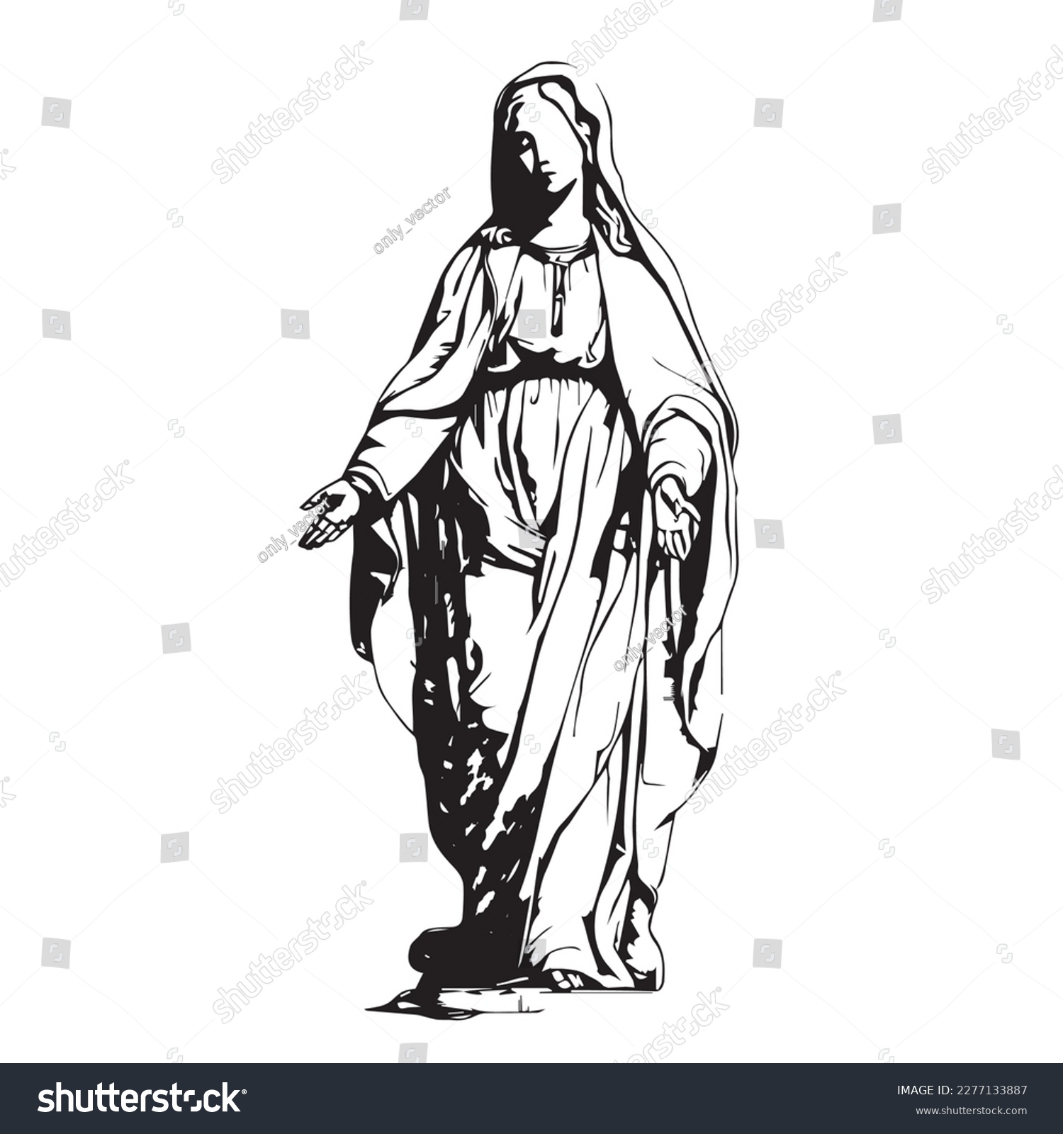 SVG of Virgin Mary, Our Lady. Hand drawn vector illustration. Black silhouette svg of Mary, laser cutting cnc. svg