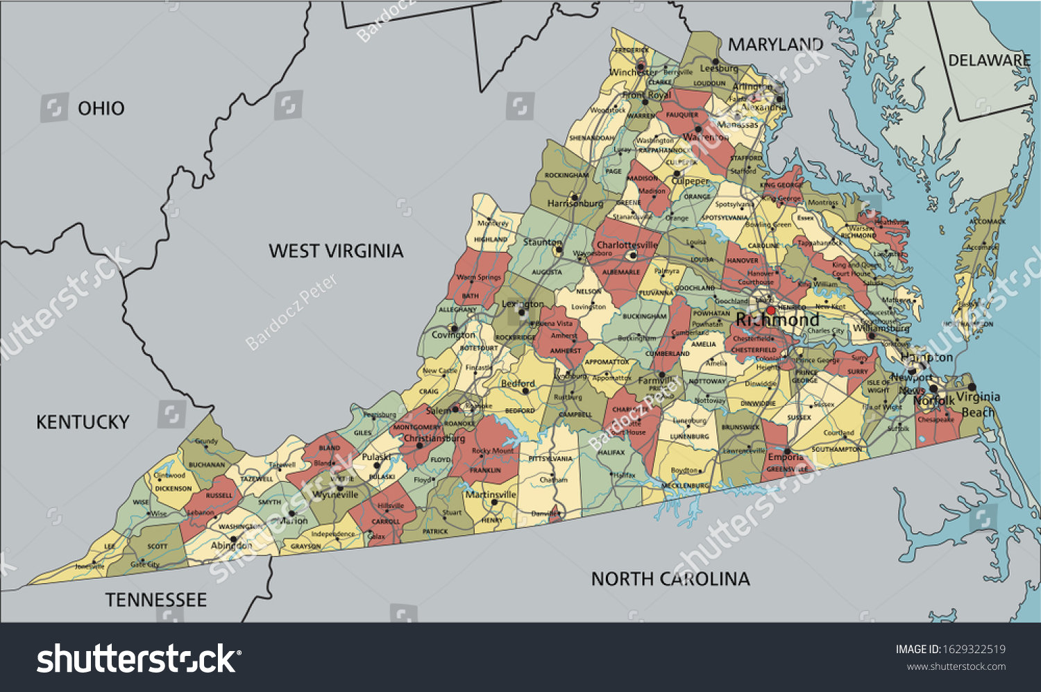 Virginia Highly Detailed Editable Political Map Stock Vector (Royalty ...