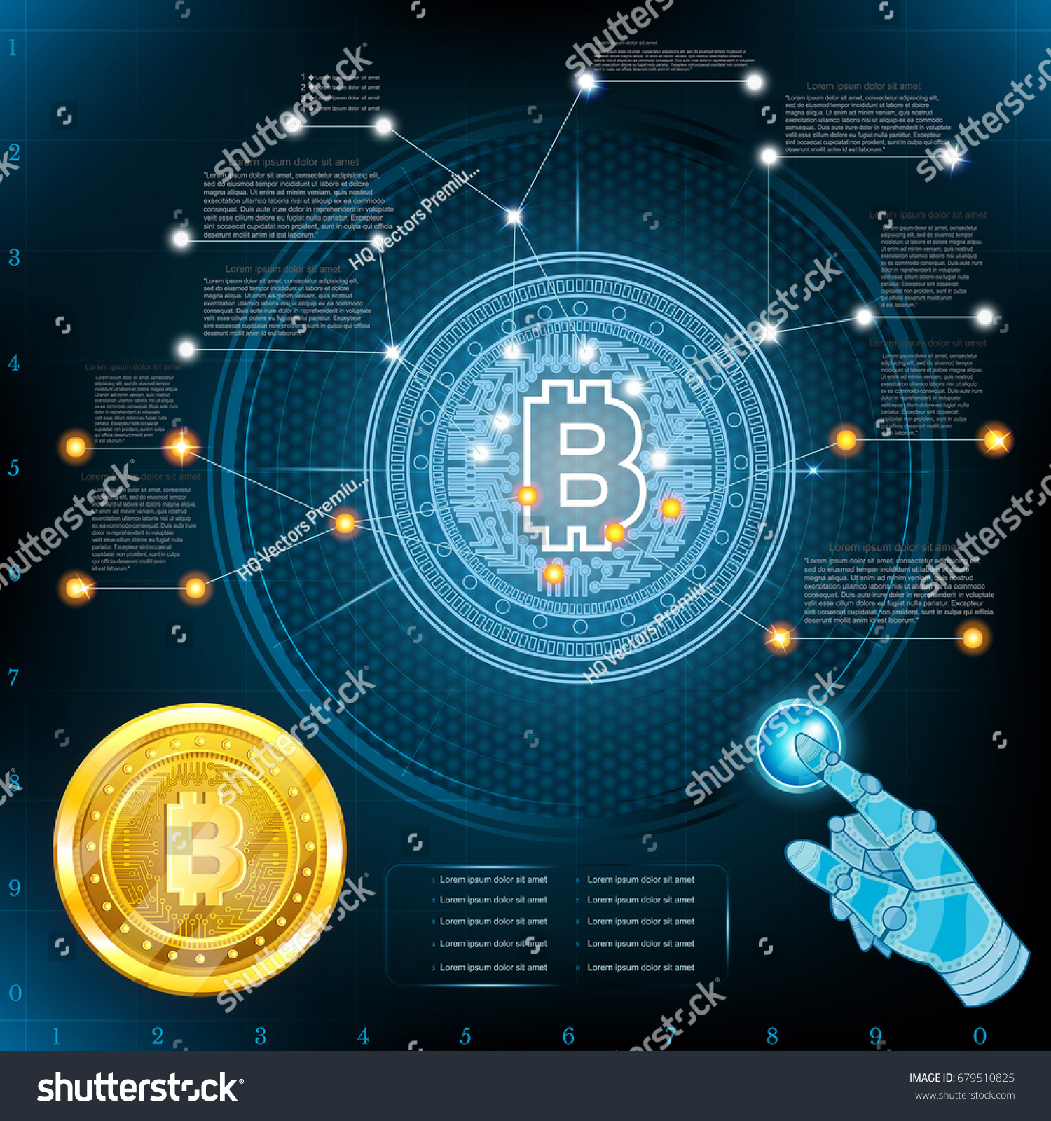 SVG of Virtual high tech screen or graphic with golden bit coin in center. Business info graphic svg