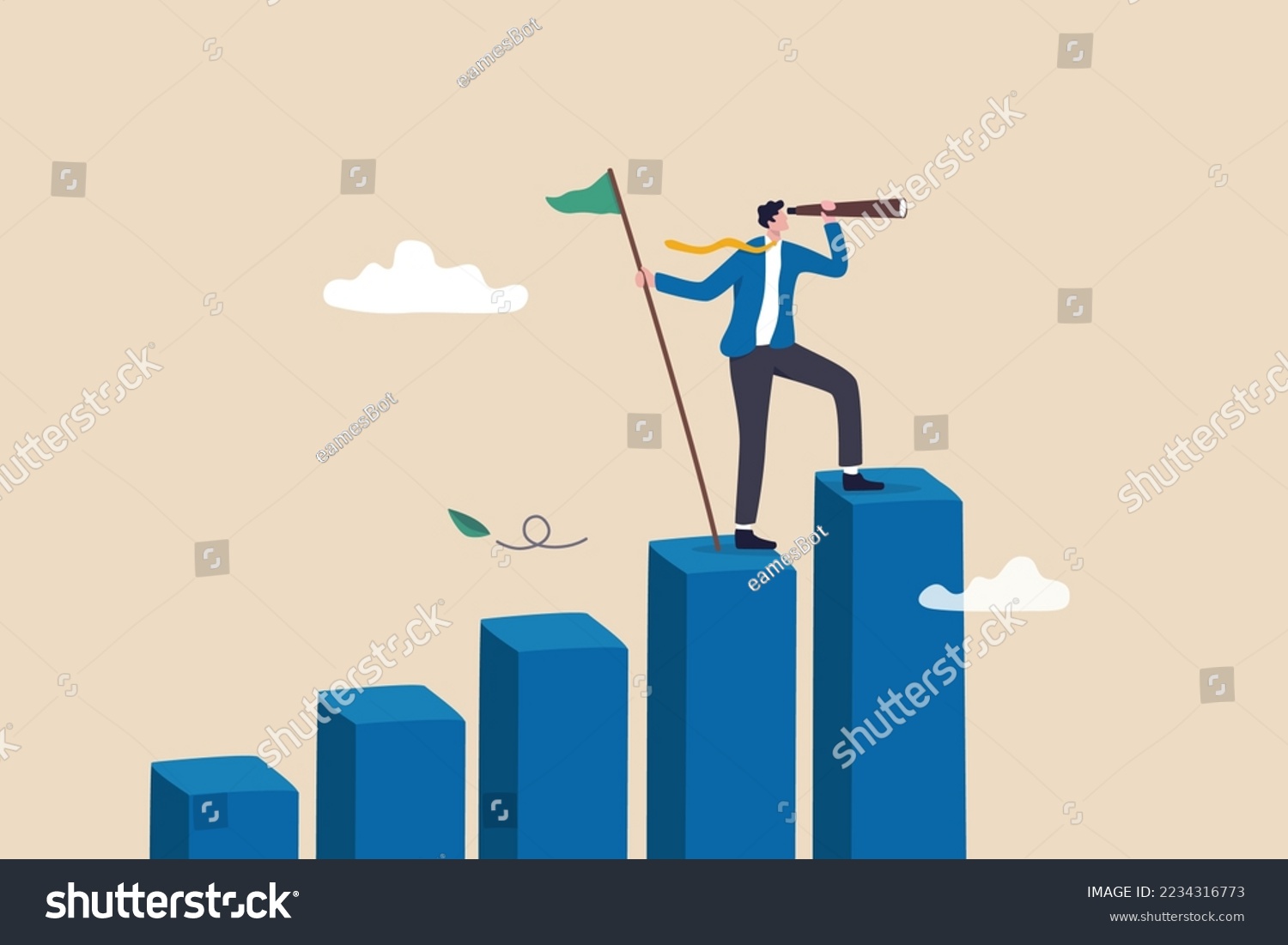 SVG of Vision to see next goal, motivation to success, forecast and business prediction, challenge to be better and achieve success concept, confidence businessman step on rise up graph look for next goal. svg