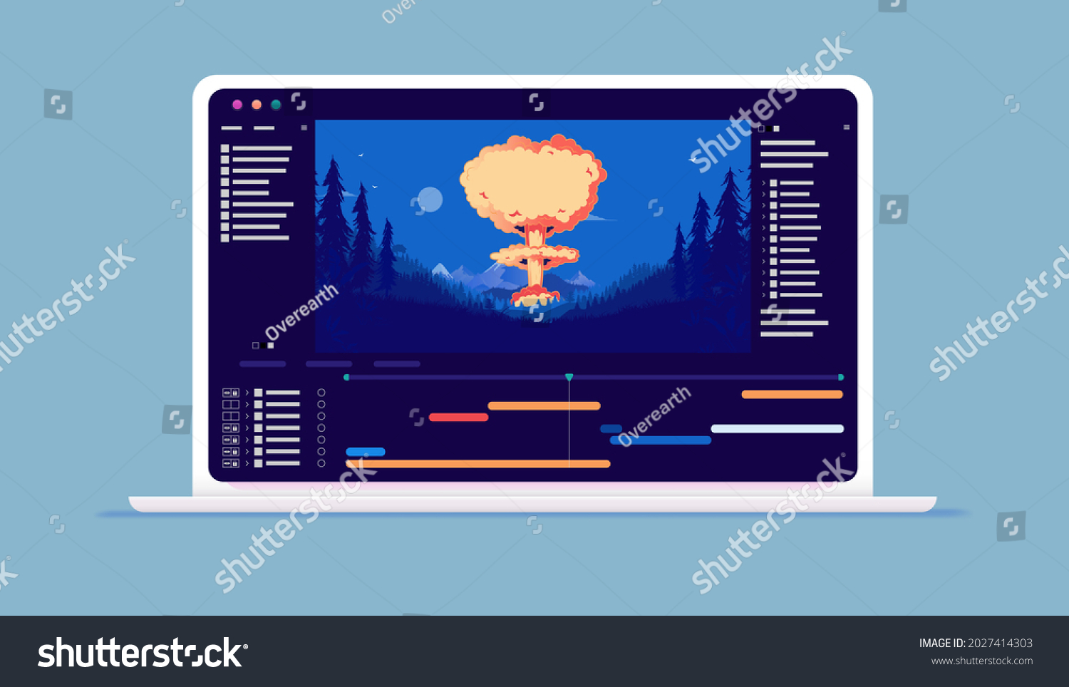 SVG of Visual effects and motion design software on computer screen - Film production and editing on laptop with explosion. Vector illustration. svg