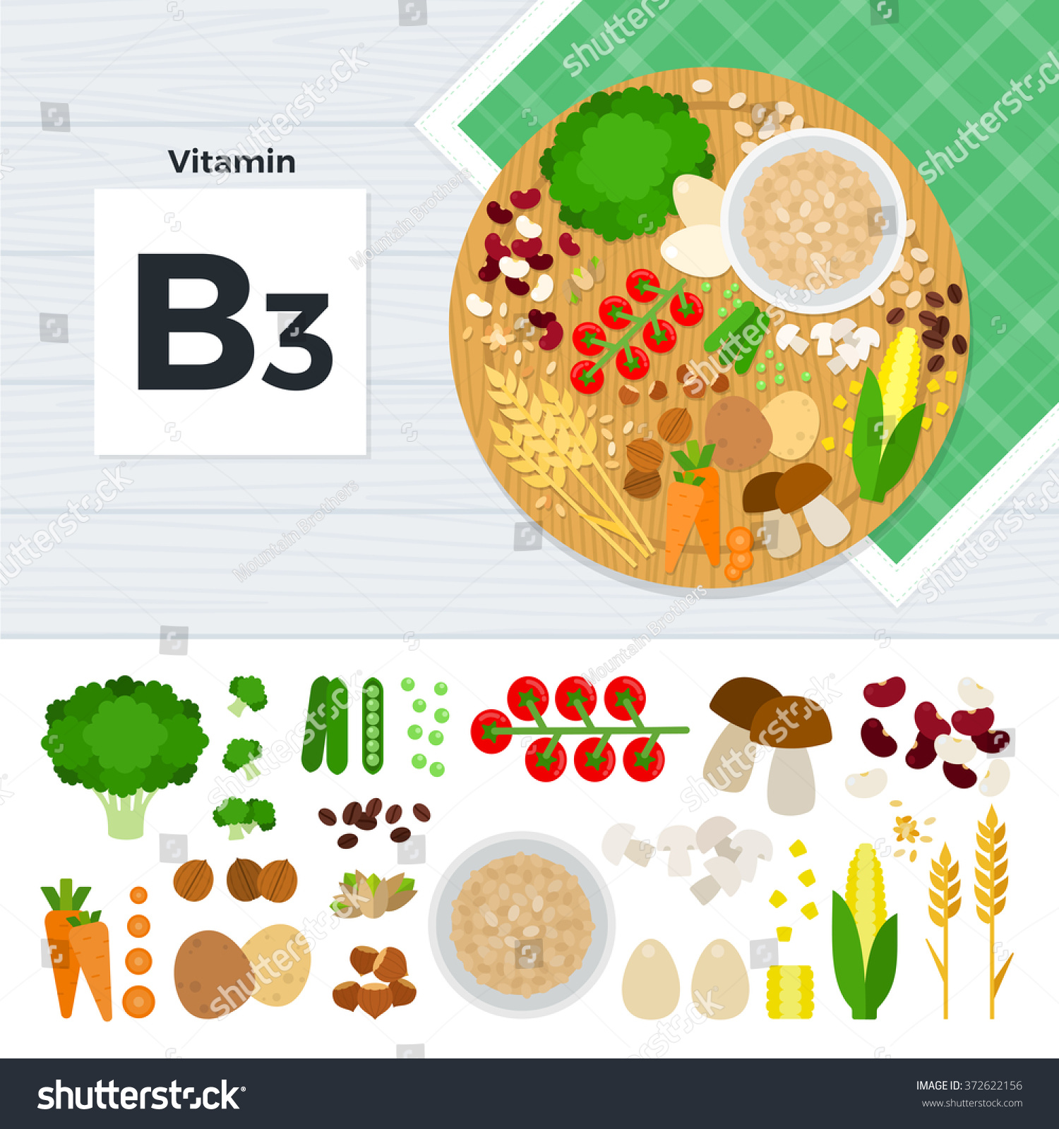 Vitamin B3 Vector Flat Illustrations. Foods Containing Vitamin B3 On ...