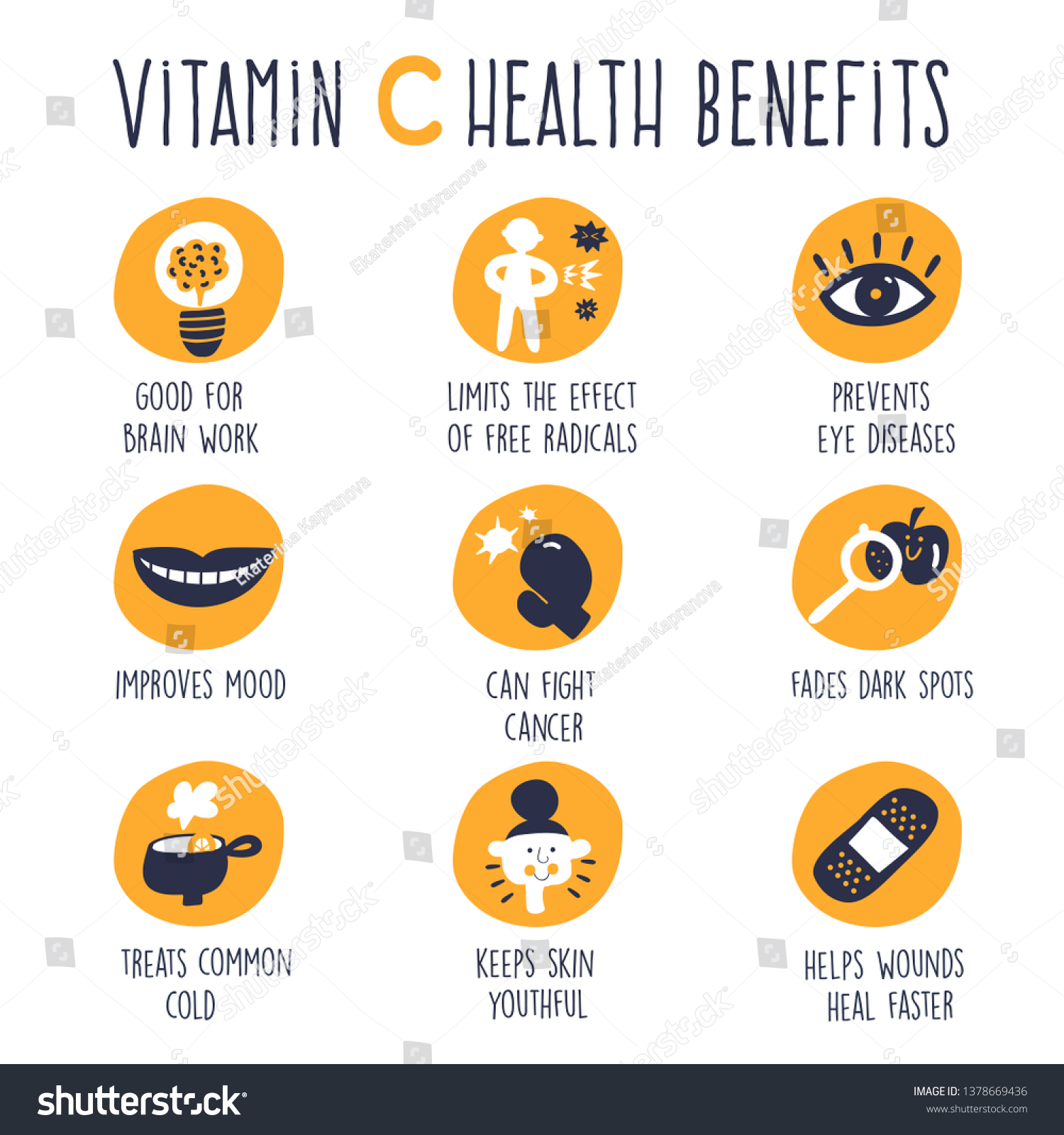 Vitamin C Benefits Vector Cartoon Icons Stock Vector Royalty Free 1378669436