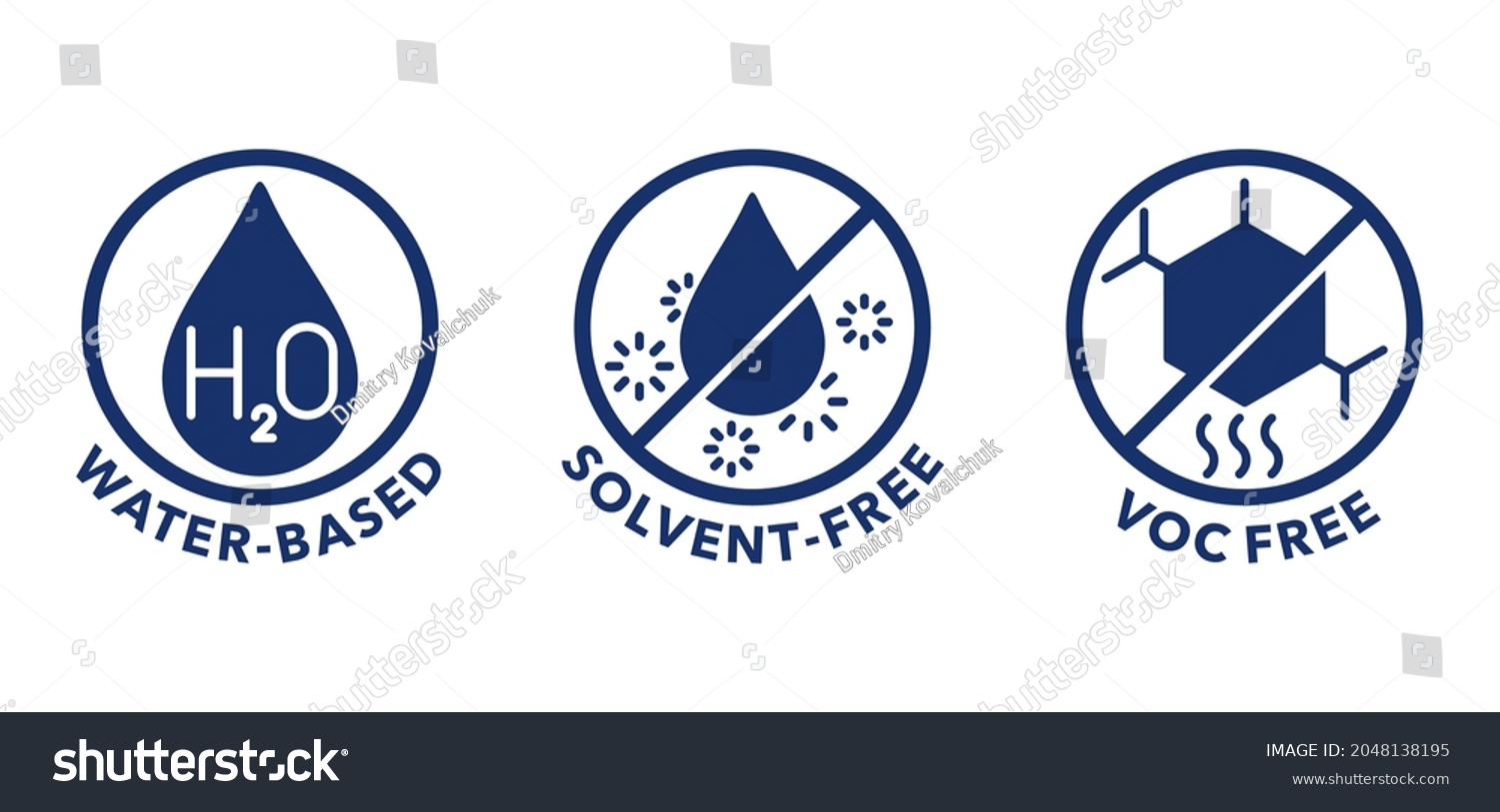 SVG of VOC free, Solvent free and Water based flat icons set for labeling of cleaning agent or other household chemicals svg