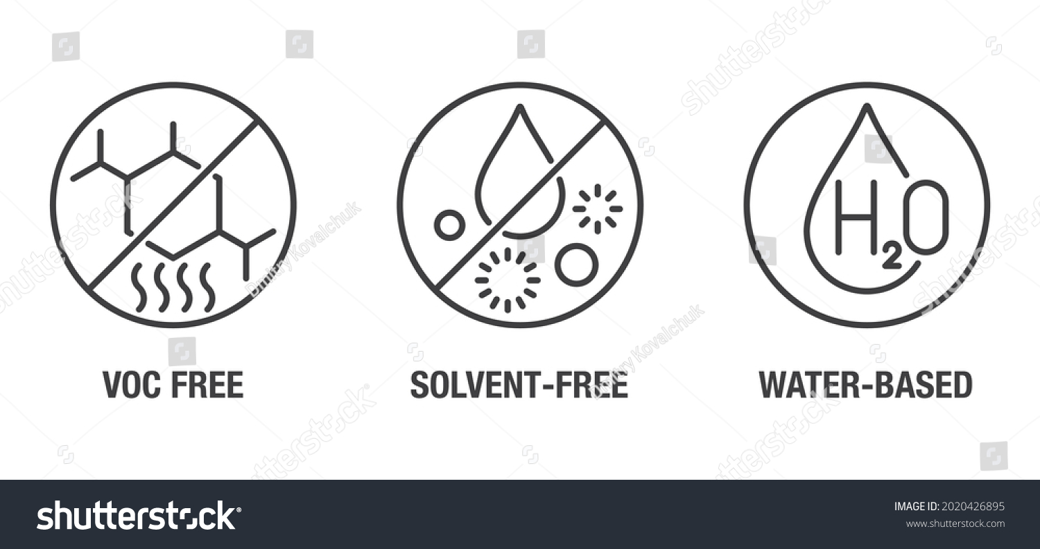 SVG of VOC free, Solvent free, Water-based flat icons set for labeling of cleaning agent or other household chemicals svg