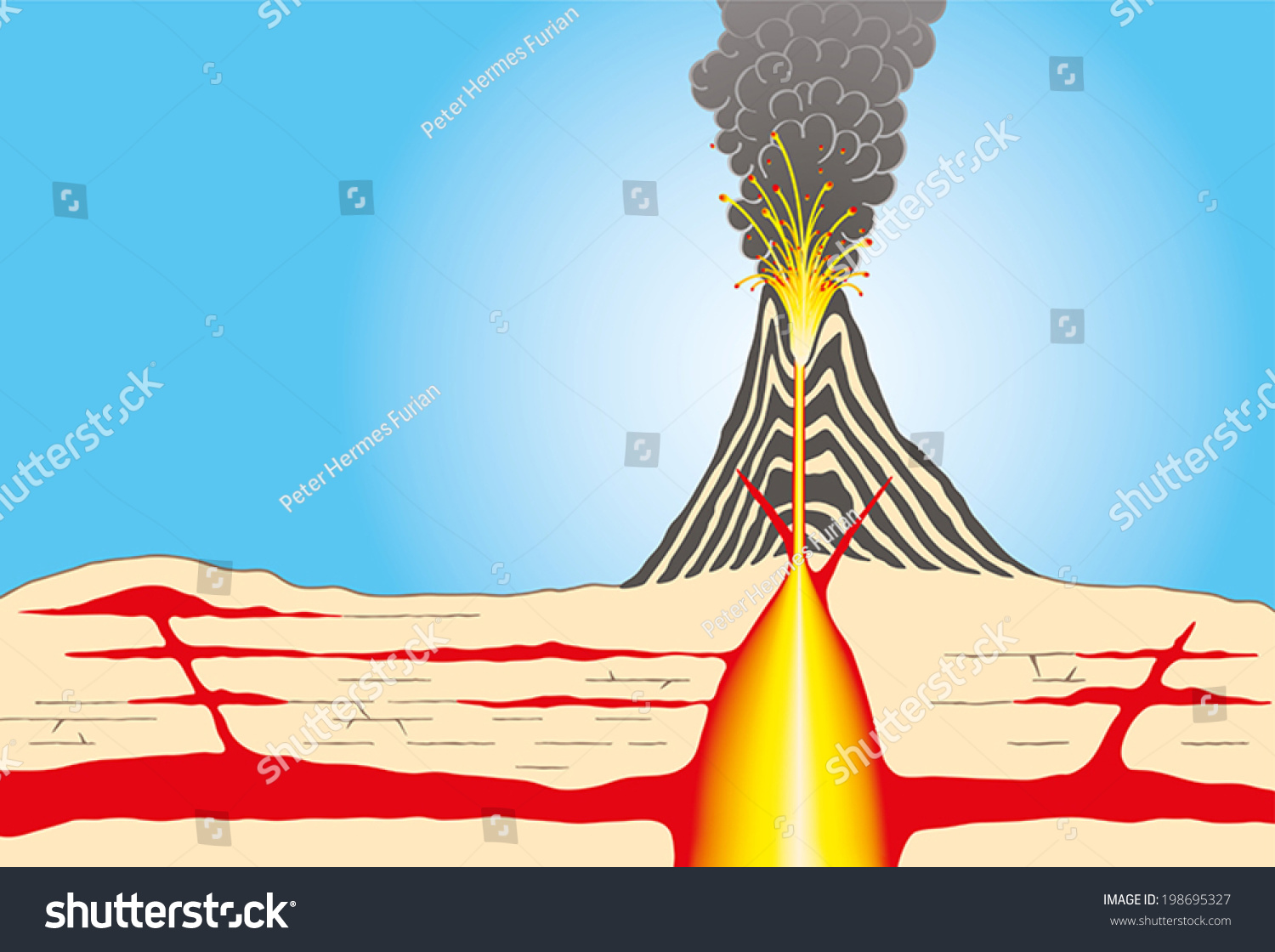 Volcano - Cross-Section Through A Volcano Showing Layers Of Ash, Large ...