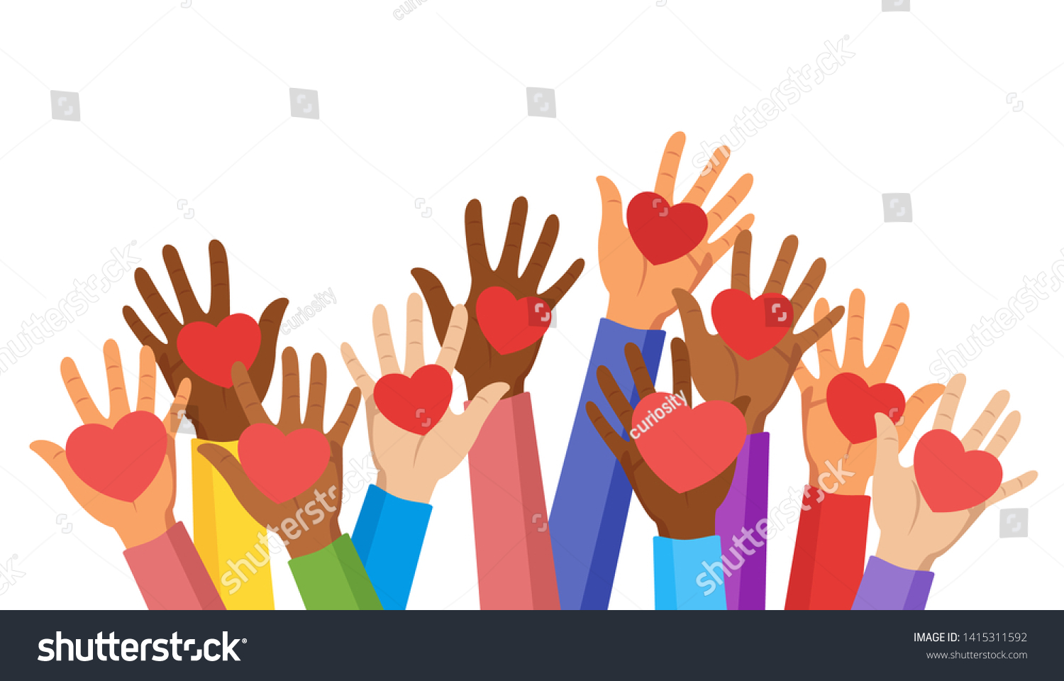 SVG of Voluntary and donation flat vector illustration. Volunteers, social workers holding hearts in palms. Children raising hands. Multiethnic society unity, togetherness. Charity, fostering, social help  svg