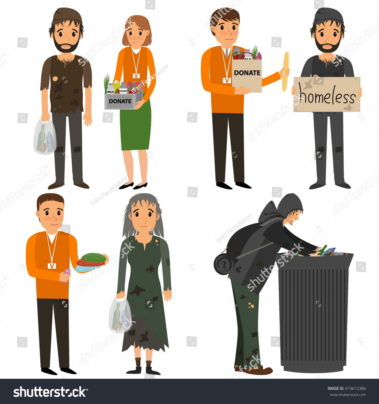 SVG of Volunteer and homeless. Volunteers design concept set with people helping homeless. Vector flat cartoon illustration svg