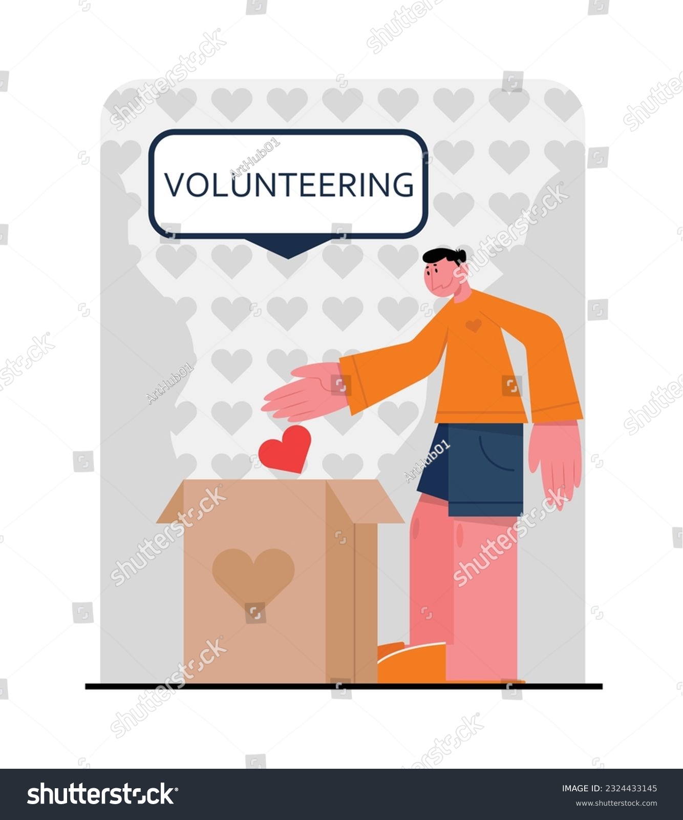 SVG of Volunteer assistance. Male character collects donations for charity. Fund to help needy. Activist donates to fund. Color vector illustration in flat style svg