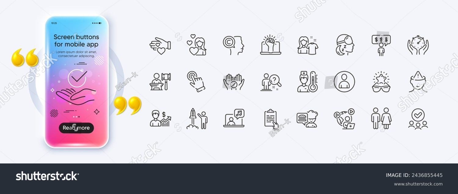 SVG of Volunteer, Cursor and Insomnia line icons for web app. Phone mockup gradient screen. Pack of Mental health, Employee benefits, Music pictogram icons. Vector svg