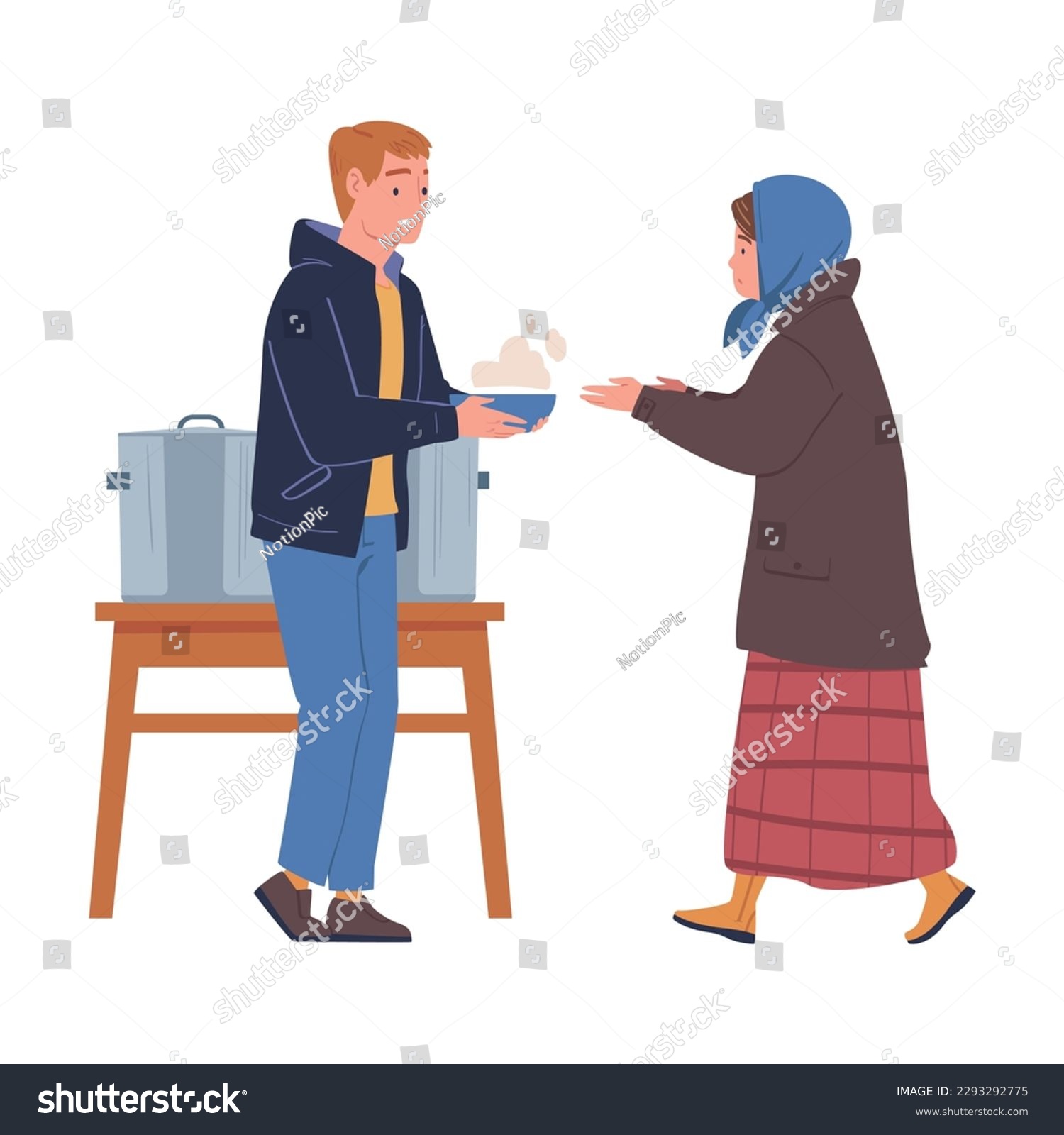 SVG of Volunteer giving food to homeless people. Humanitarian aid help organisation helping refugees and migrants vector illustration svg