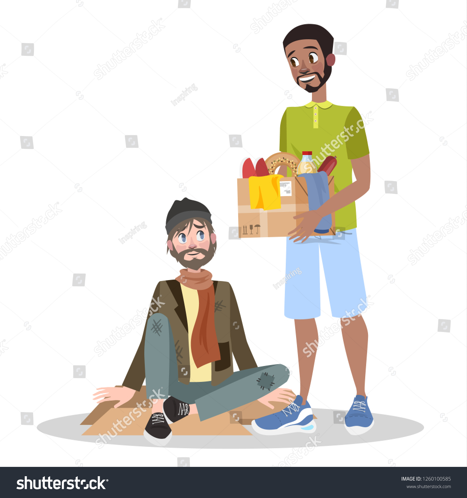 SVG of Volunteer help homeless man. Idea of charity and support. Care about people. Isolated vector flat illustration svg