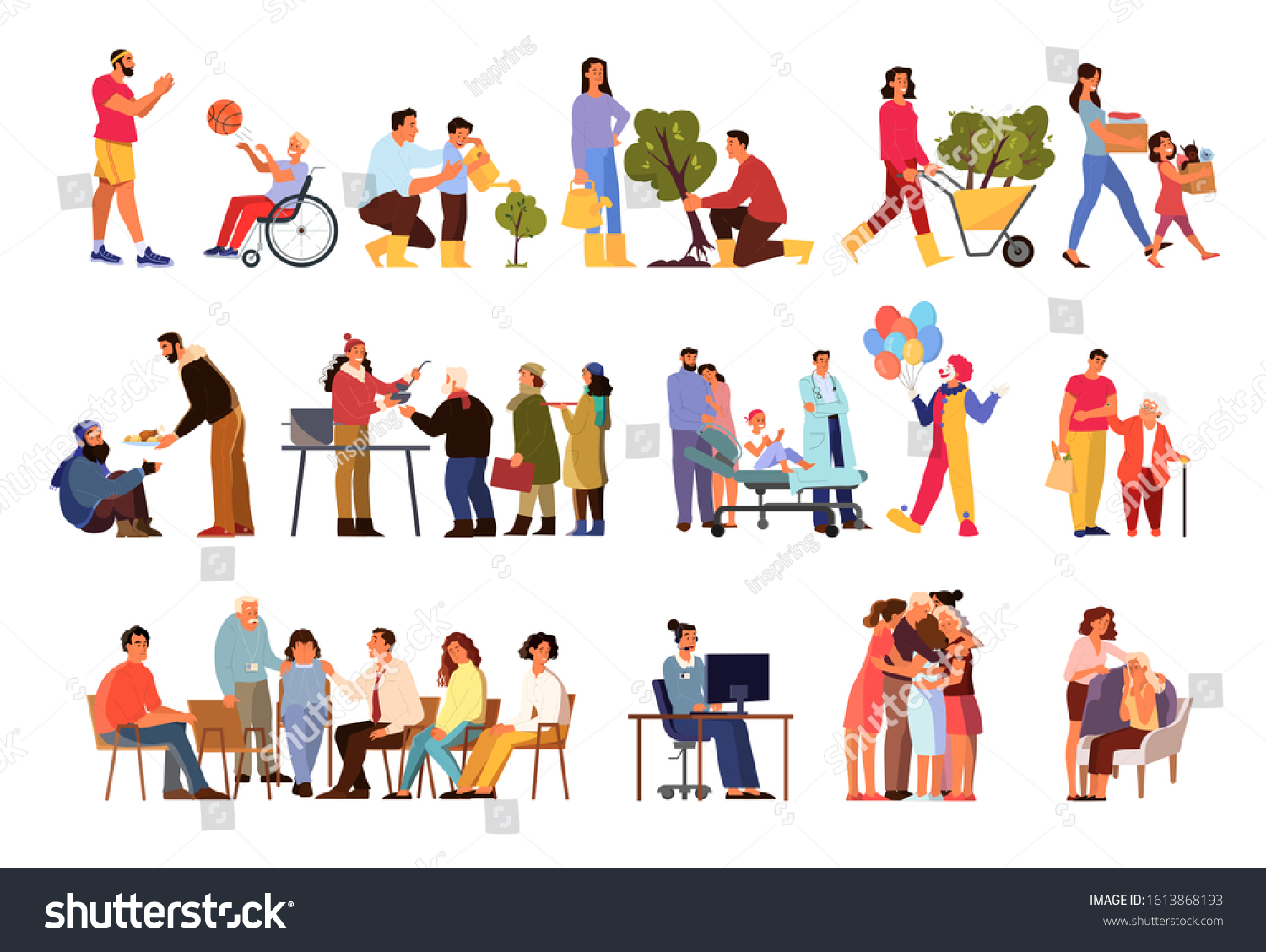 SVG of Volunteer help people set. Collection of charity community support old and sick people, donate clothes, give a food, plant a tree. Idea of care and humanity. Isolated vector illustration svg