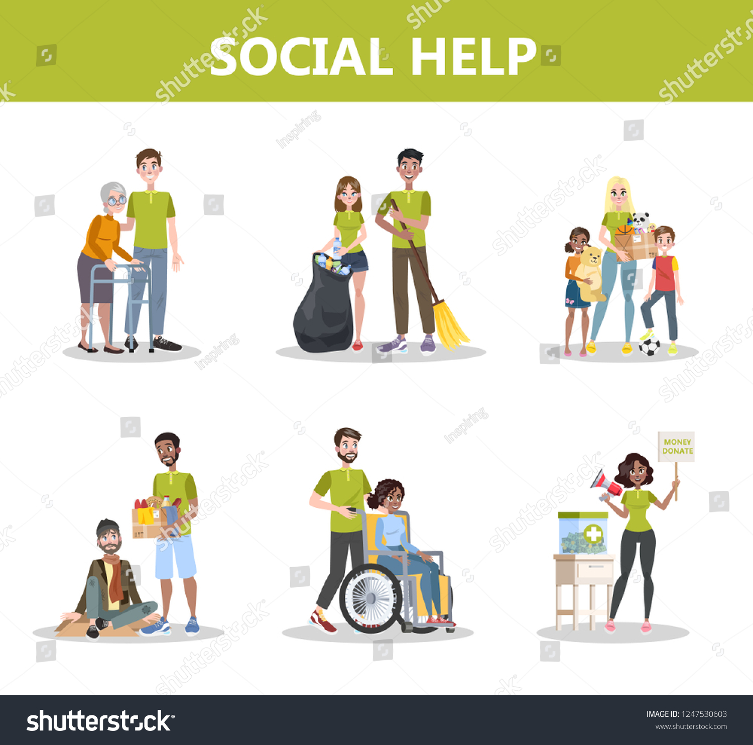 SVG of Volunteer help people set. Collection of charity community support old people, donate money and clothes. idea of care and humanity. Vector illustration in cartoon style svg