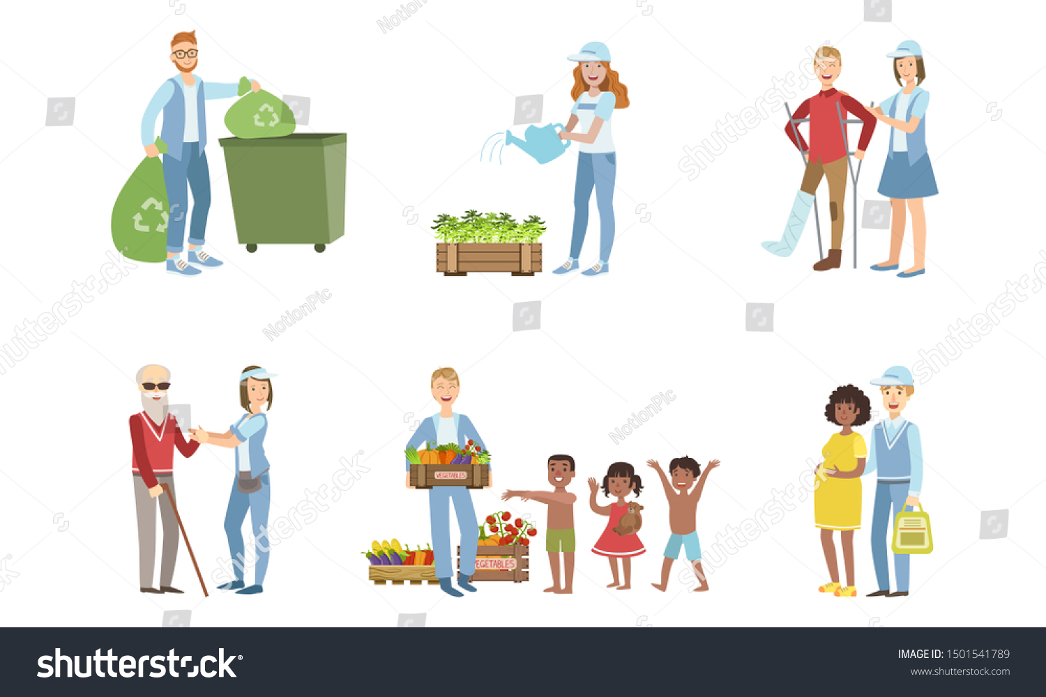 SVG of Volunteers at Work Set, Young Men and Women Collecting Garbage, Watering Plants. Helping Disabled and Elderly People, Feeding Hungry and Needy Kids. Vector Illustration. svg