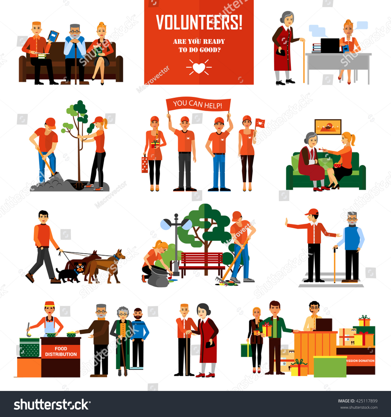SVG of Volunteers decorative icons set with young people helping elderly and animals planting and cleaning city flat vector illustration svg