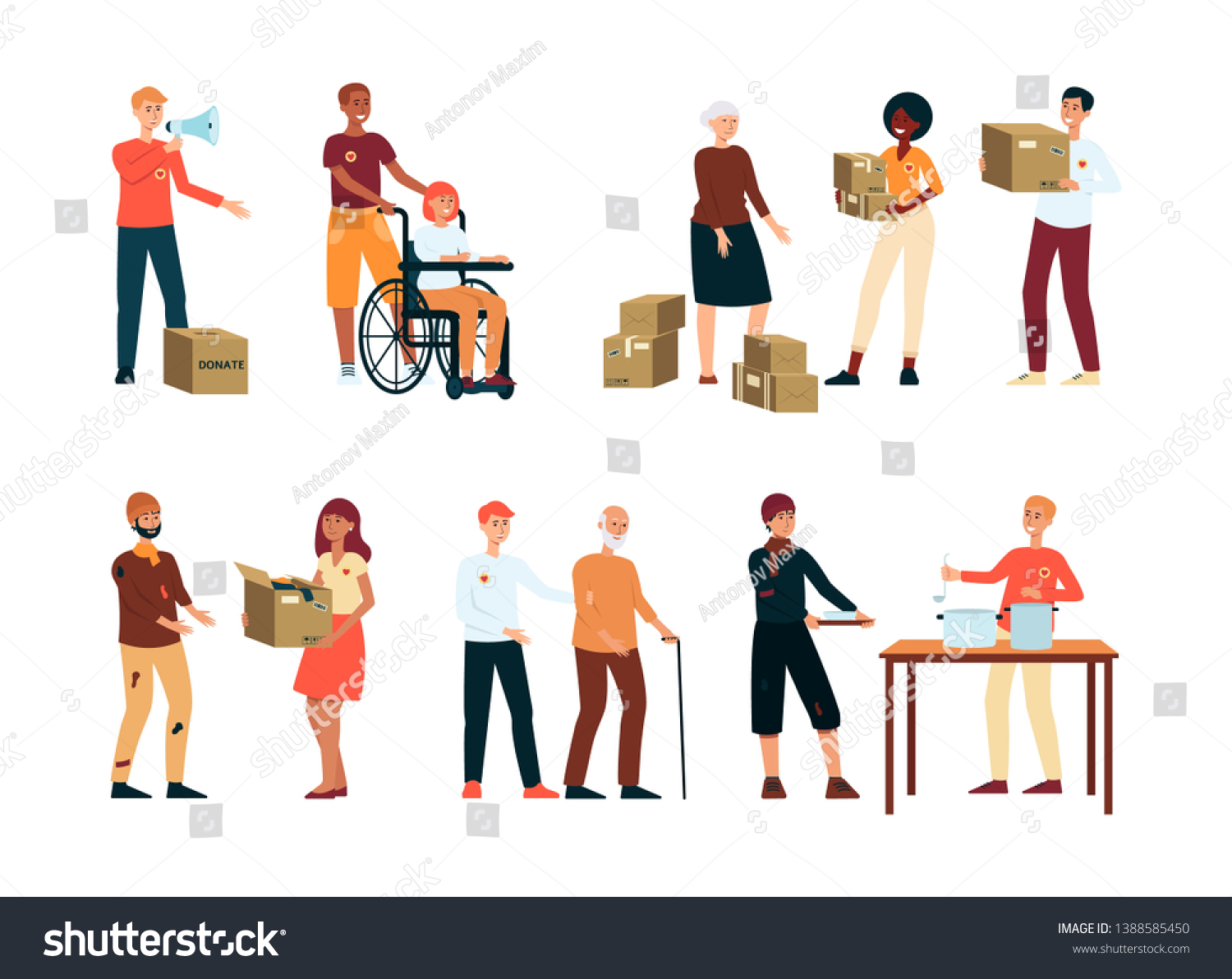 SVG of Volunteers donate food to homeless and needy people vector illustration isolated on white background. Voluntary free help to elderly and disabled people and charity work. svg
