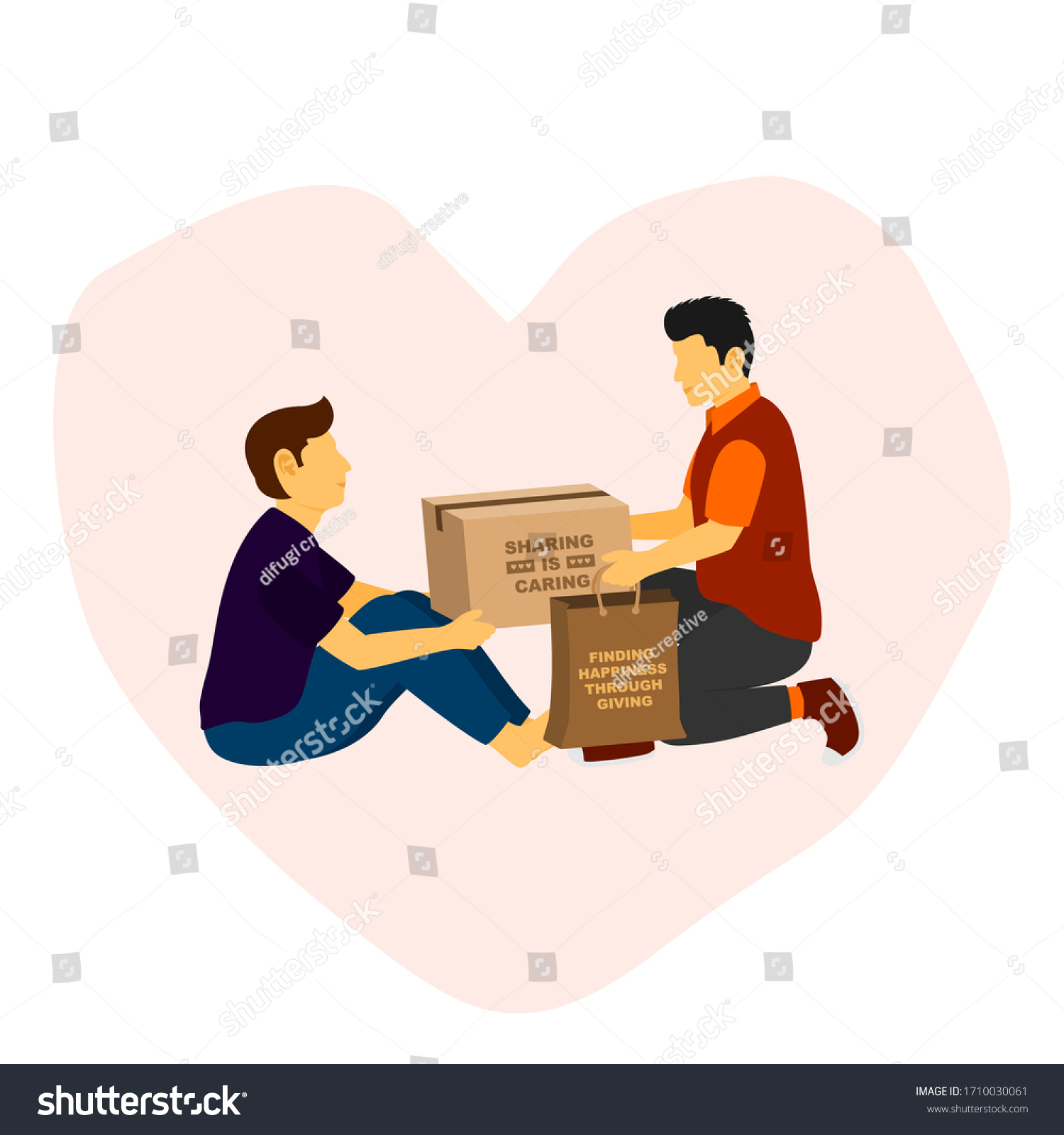SVG of Volunteers give other people donations bring in paper bag and cardboard box, social care charity illustration. svg