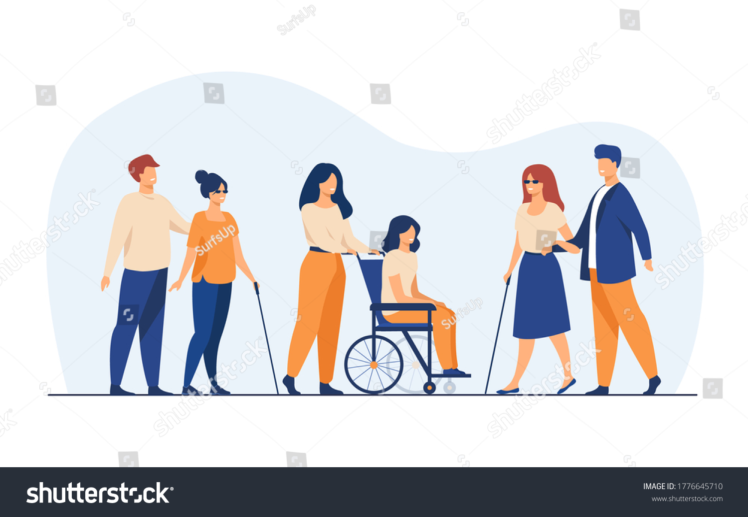 SVG of Volunteers helping disabled friends in outdoor walking, leading blind people or wheeling wheelchair. Can be used for disability, diversity, assistance concept svg