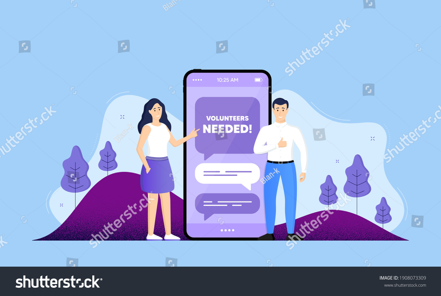 SVG of Volunteers needed. Phone online chatting banner. Volunteering service sign. Charity work symbol. Volunteers needed chat bubble. Mobile phone with characters of people. Cellphone chat messages. Vector svg