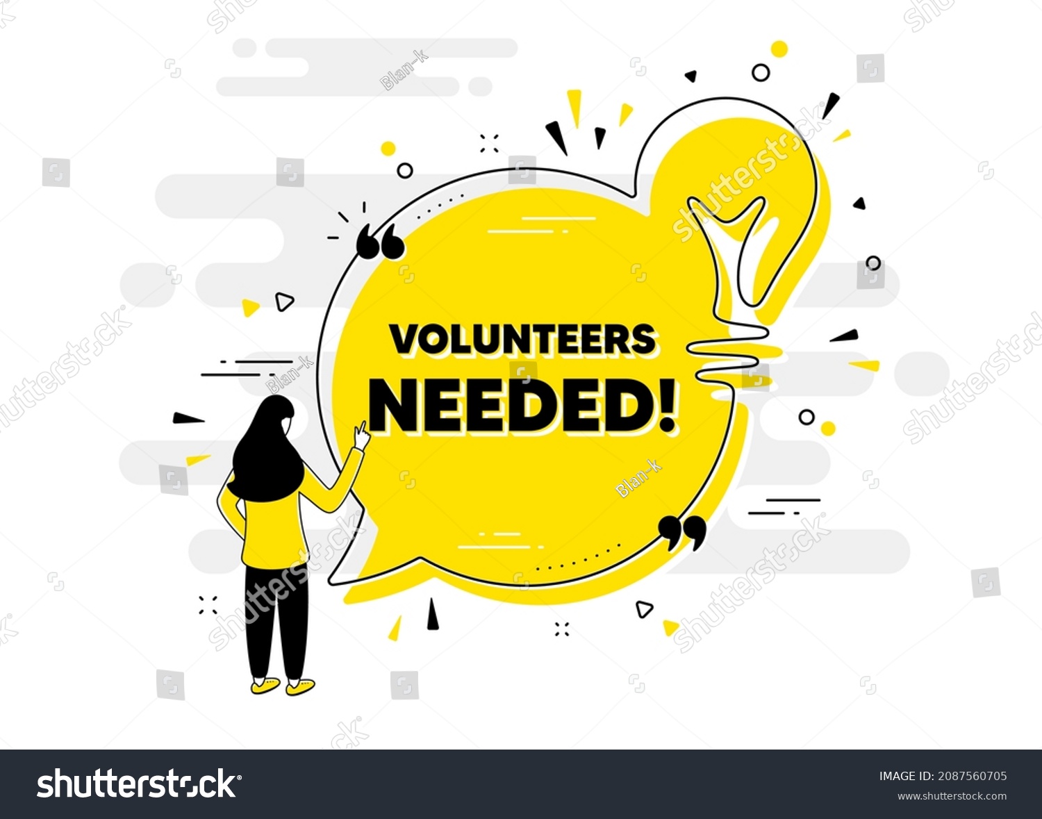 SVG of Volunteers needed text. Idea chat bubble banner with person. Volunteering service sign. Charity work symbol. Volunteers needed chat message lightbulb. Idea light bulb people background. Vector svg