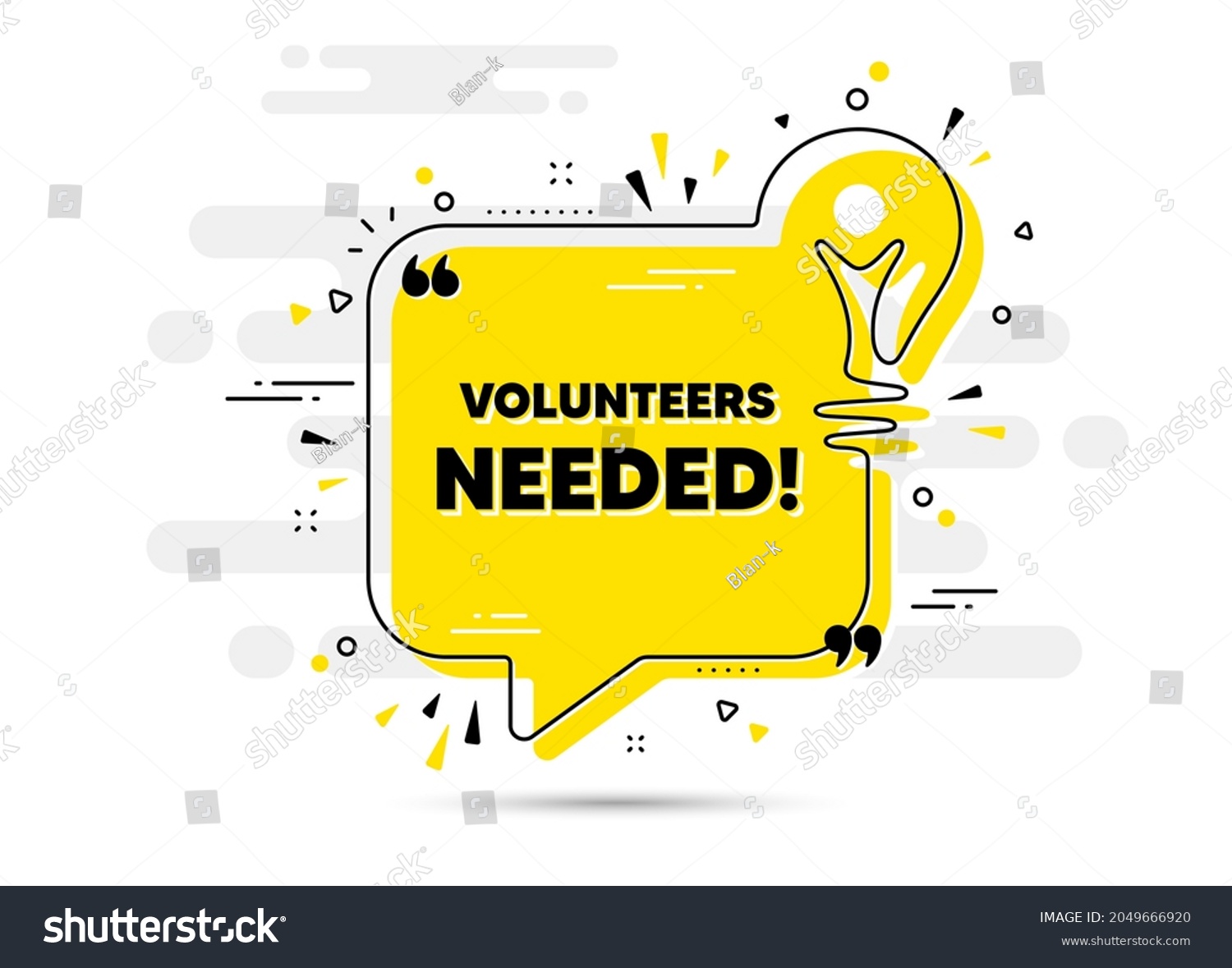 SVG of Volunteers needed text. Yellow idea chat bubble background. Volunteering service sign. Charity work symbol. Volunteers needed chat message lightbulb. Idea light bulb background. Vector svg