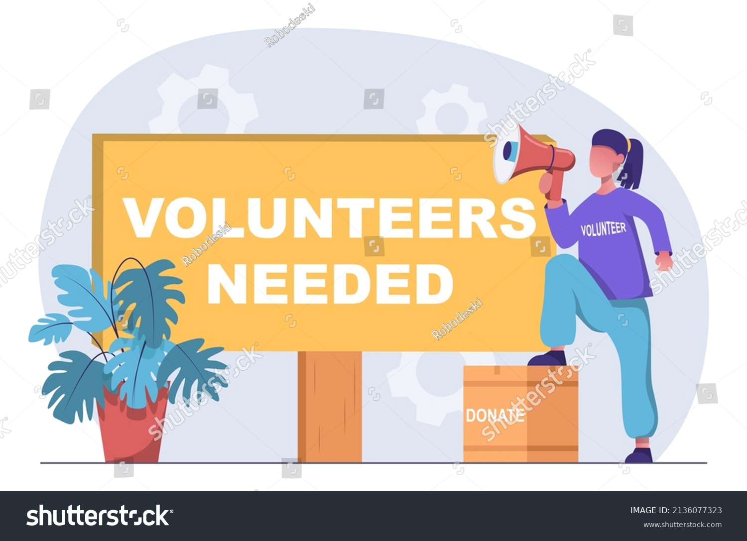 SVG of Volunteers needed. Volunteering. Volunteer organization is recruiting volunteers. Girl with a mouthpiece says she needs volunteers. svg
