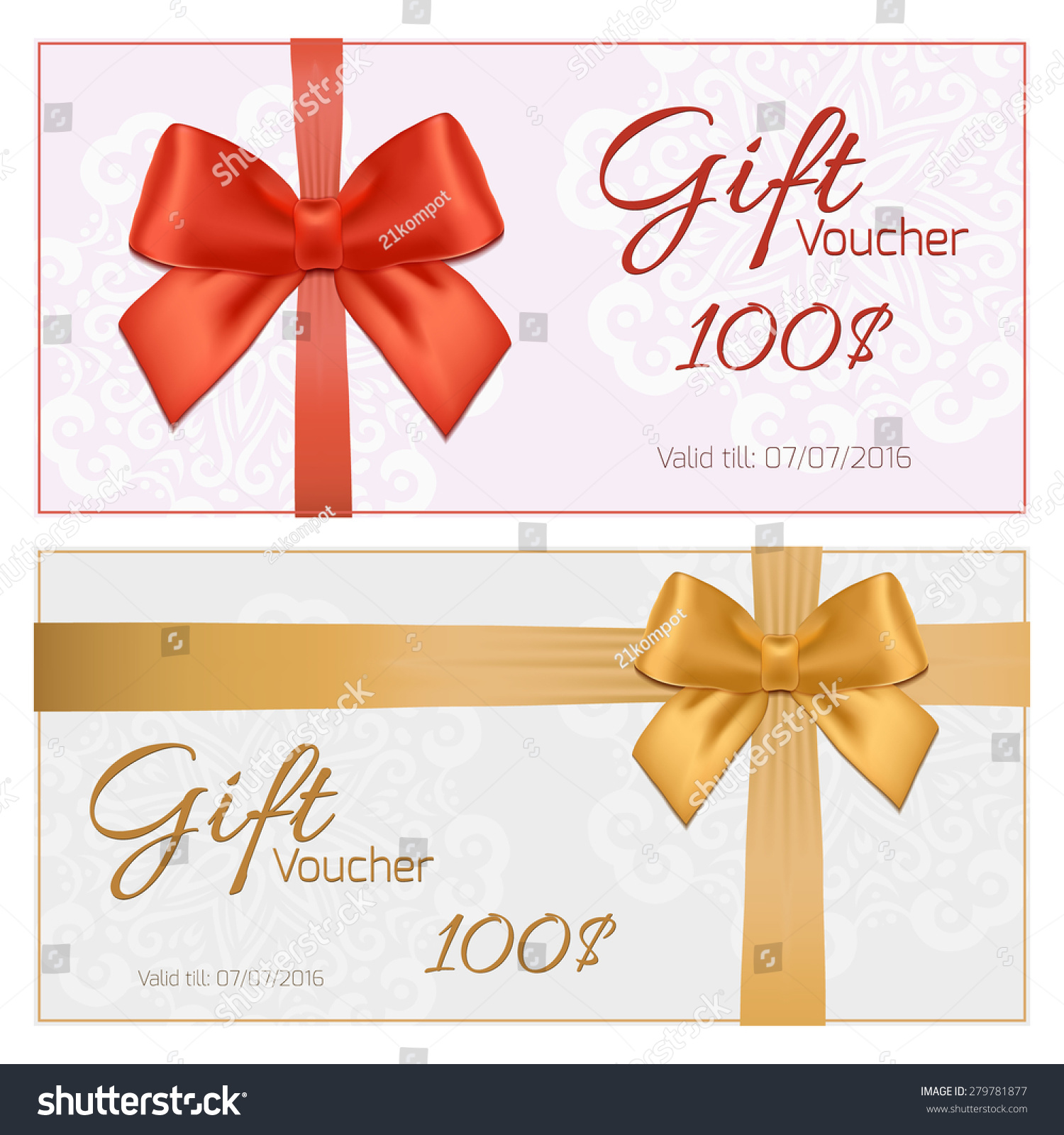 Voucher Template With Floral Pattern, Border, Red And Gold Bow And ...