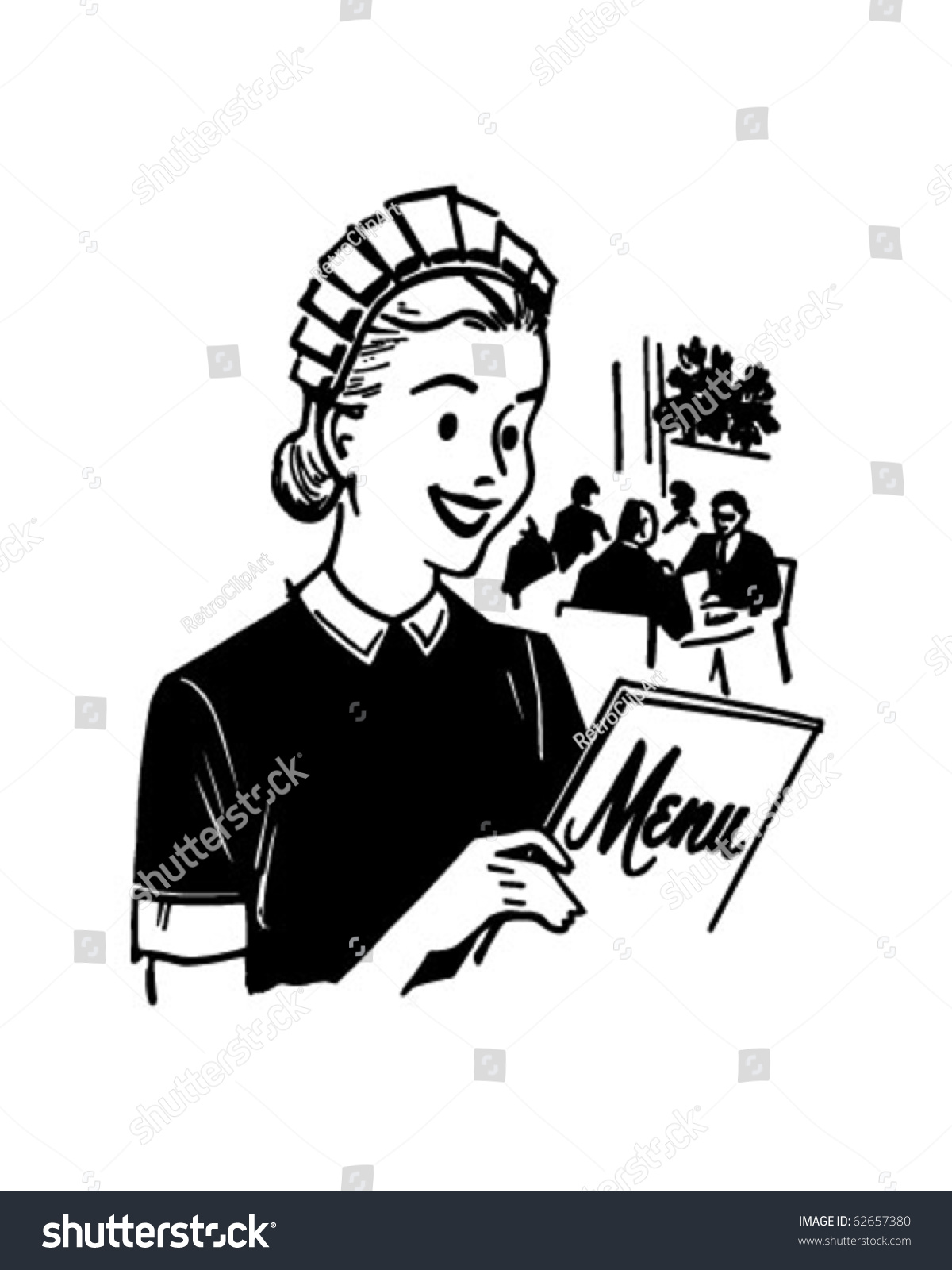 Waitress With Menu - Retro Clipart Illustration - 62657380 : Shutterstock