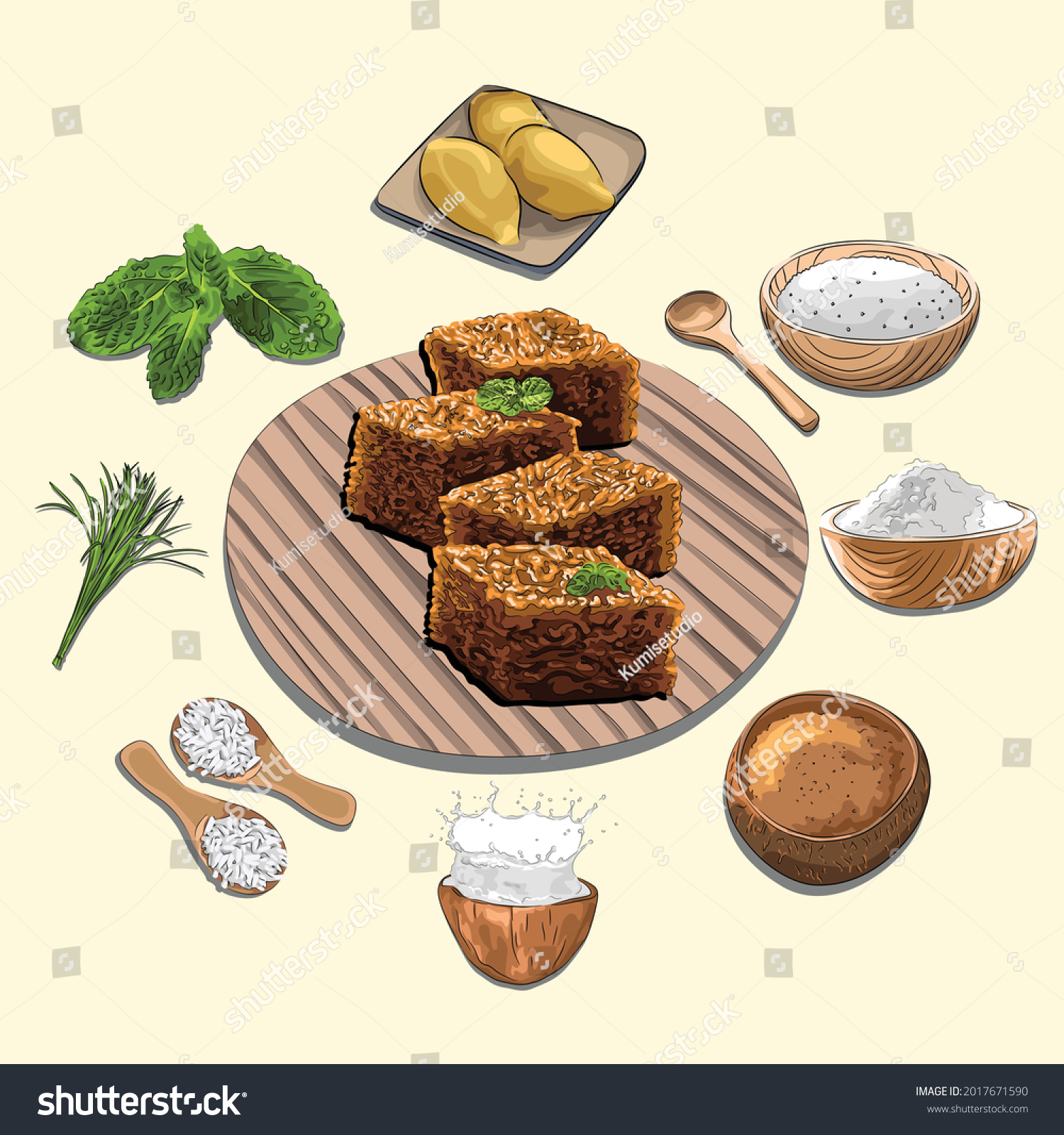 SVG of Wajik Durian And Ingredients Illustration, Sketch And Vector Style, Traditional Food From Aceh, Good to use for restaurant menu, Indonesian food recipe book, and food content. svg